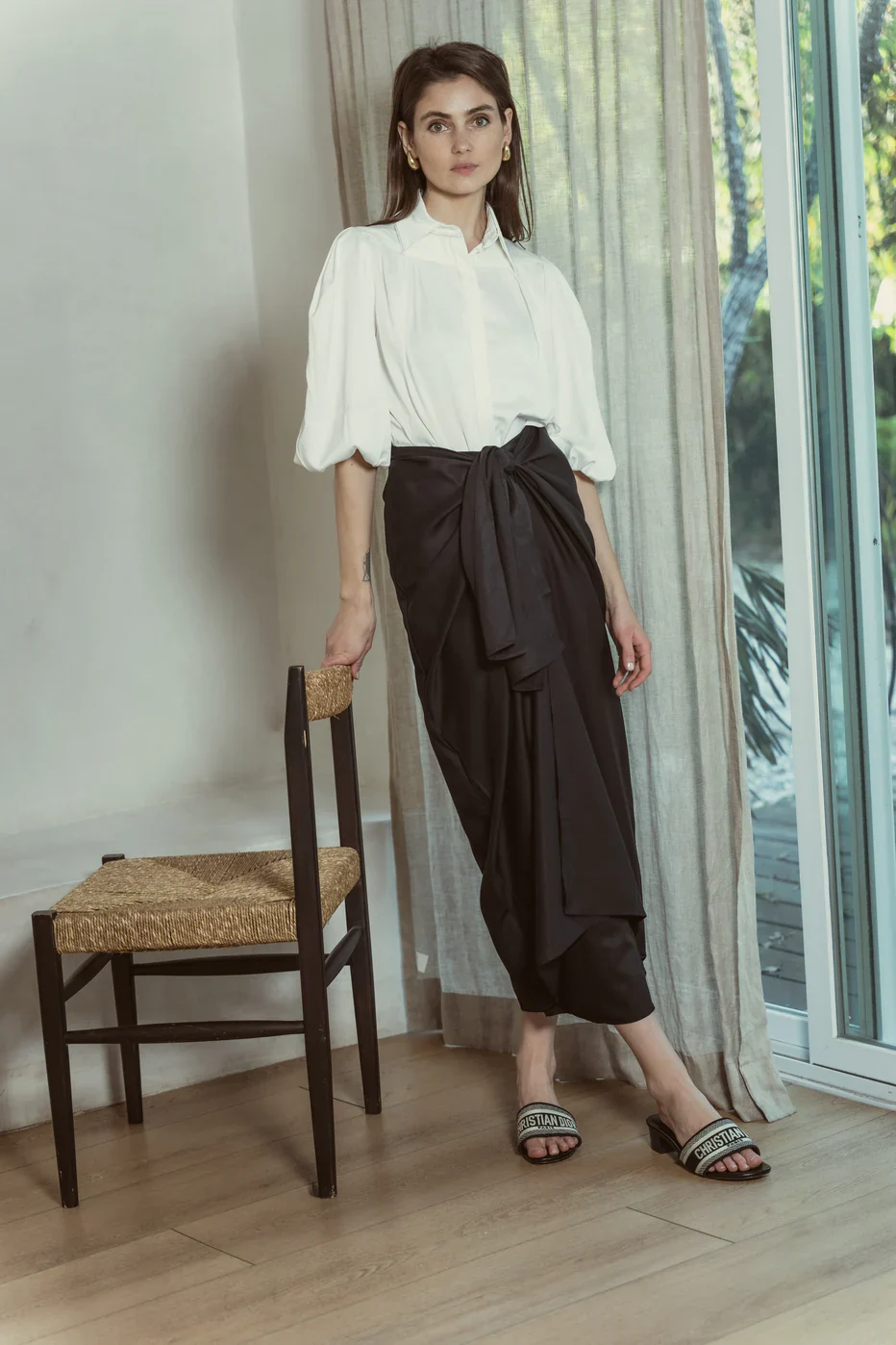 Black Front Tie Linen Skirt