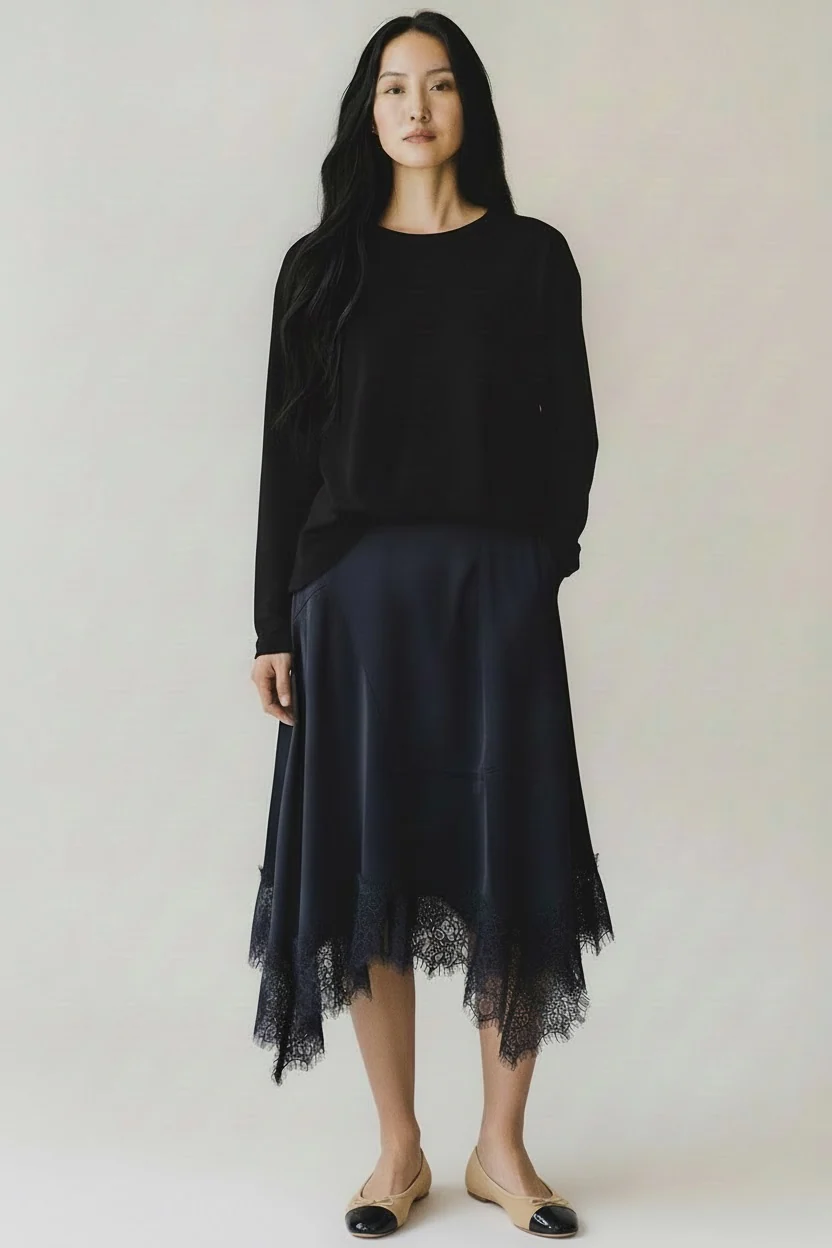 Bliss Asymmetric Hem Lace Bottom Skirt Black