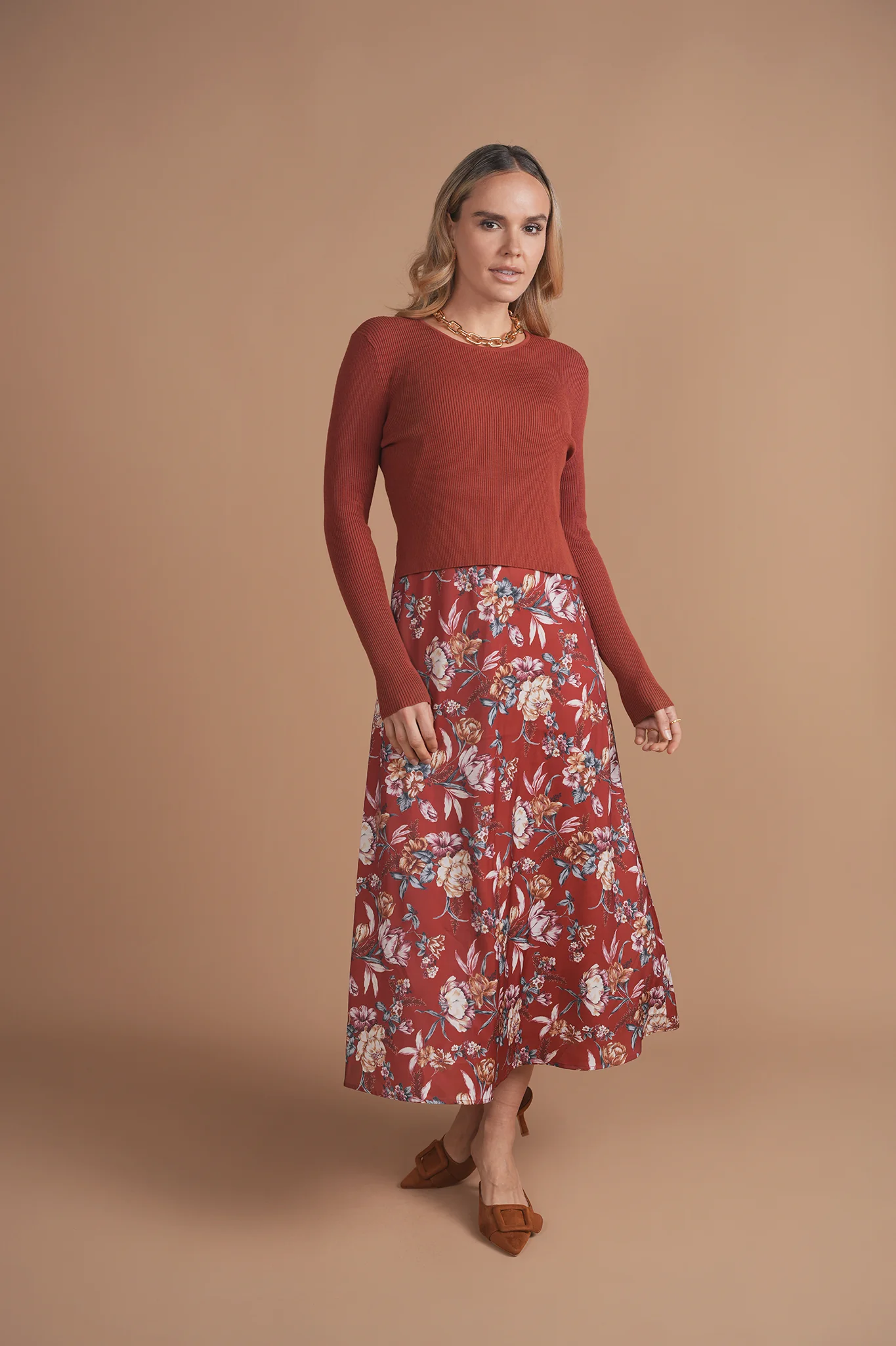 Bliss Combo Slip Dress Rust Floral - Image 2
