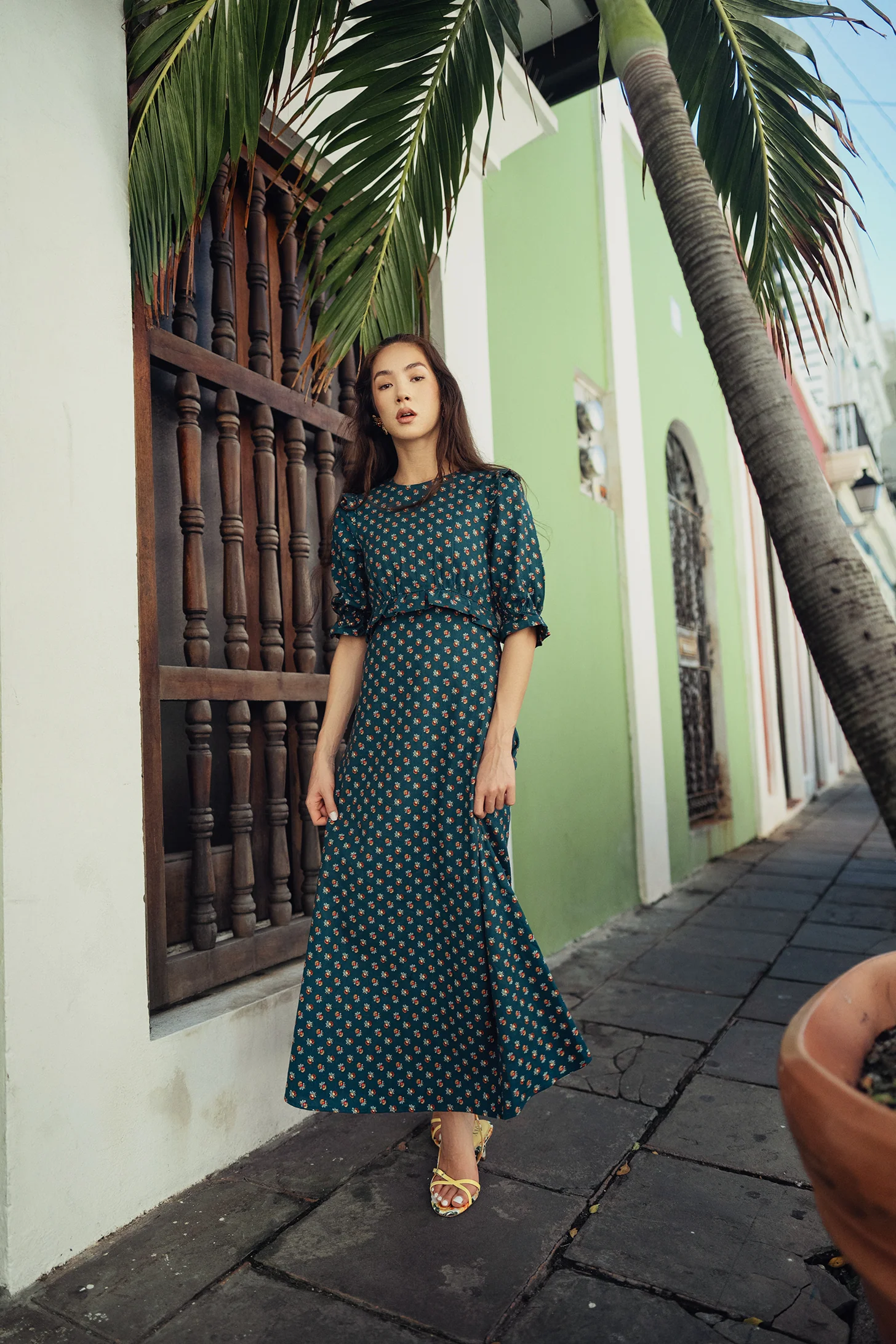 Bliss Flutter Sleeve Empire Waist Dress Teal Floral