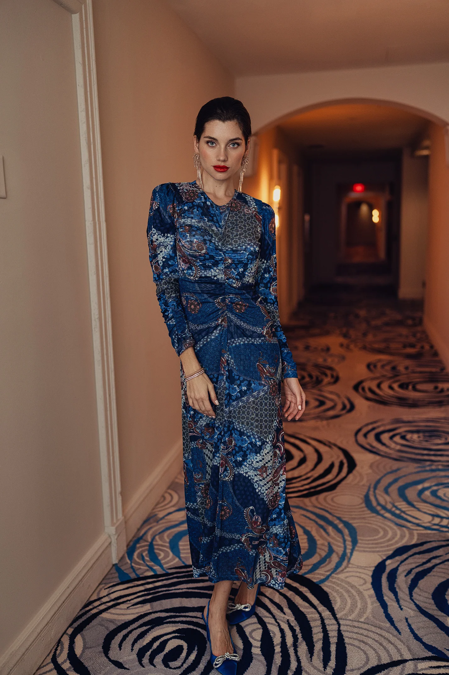 Bliss Mesh Ruched Dress Blue Patchwork - Image 3