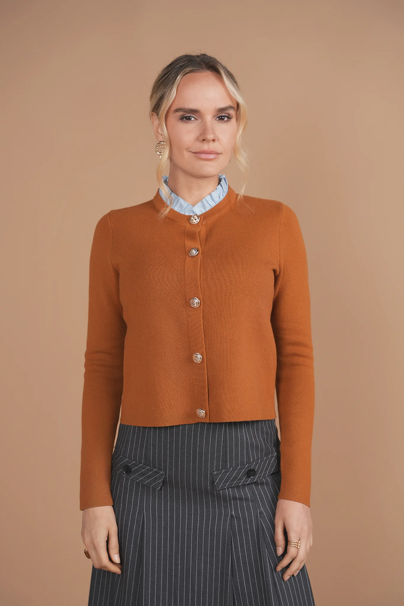 Bliss Ruffle Collar Sweater Tan/Navy - Image 2
