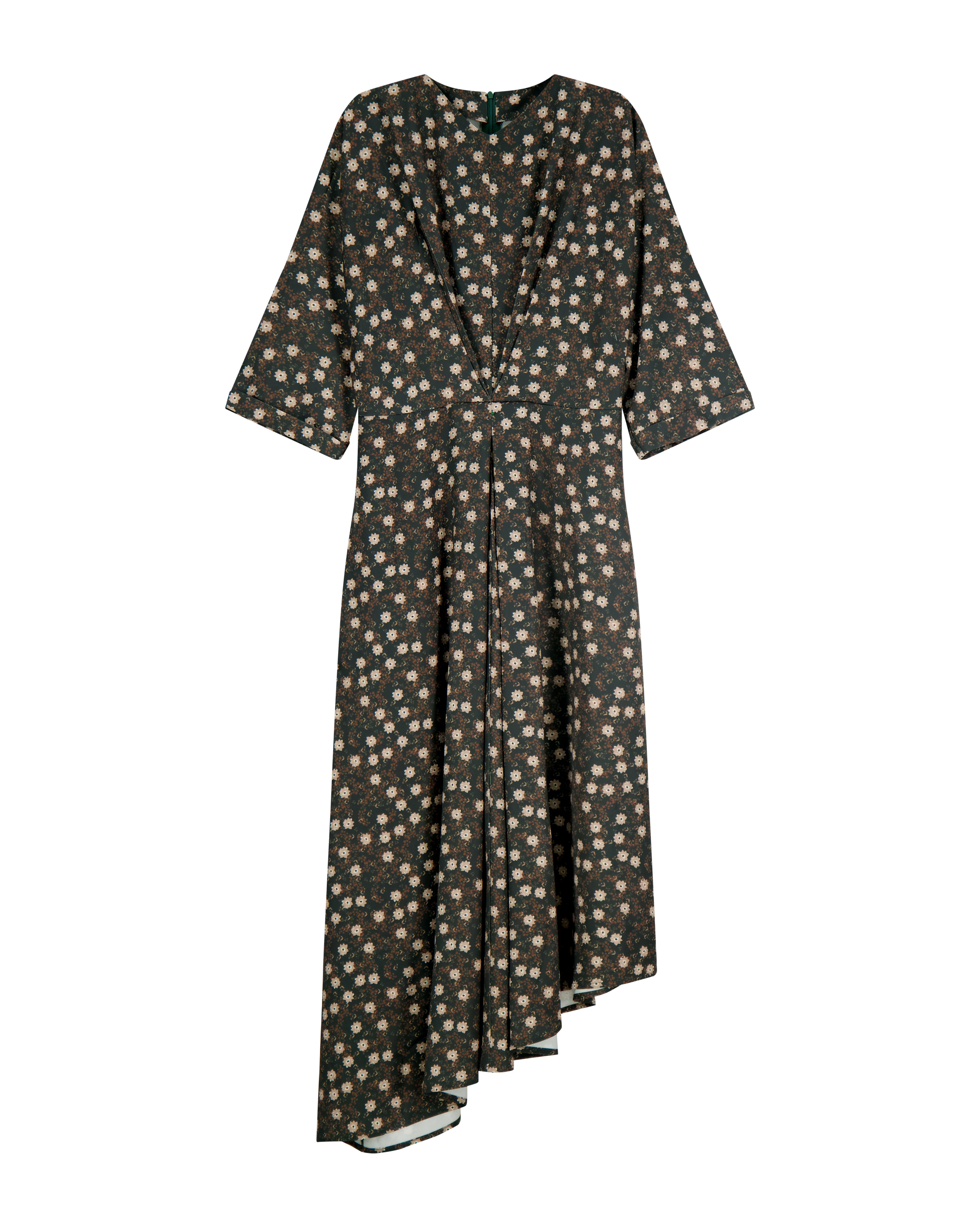 Bliss Satin Front Pleat Dress Green/Tan Floral - Image 2