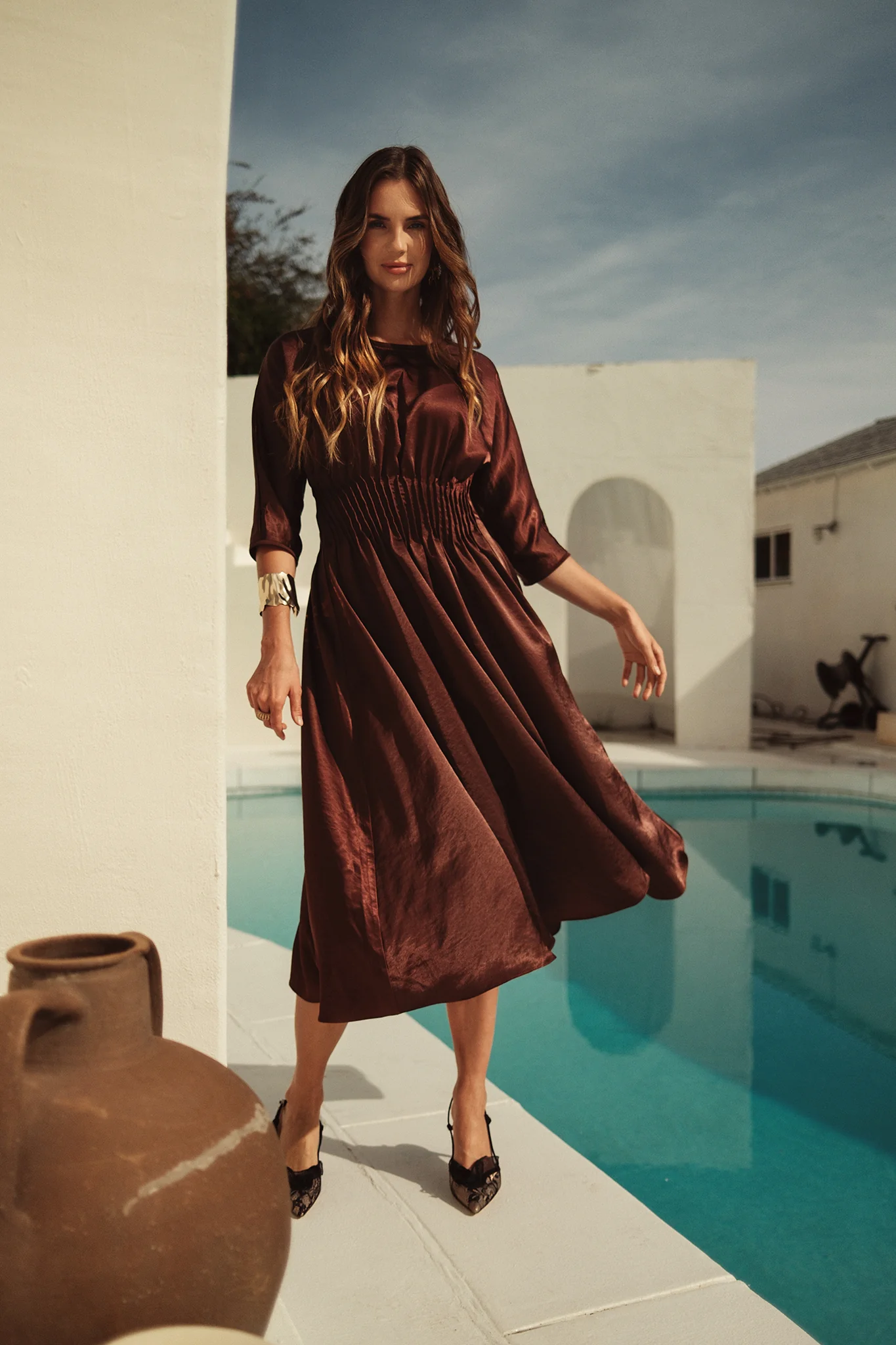 Bliss Satin Gathered Waist Dress Bronze