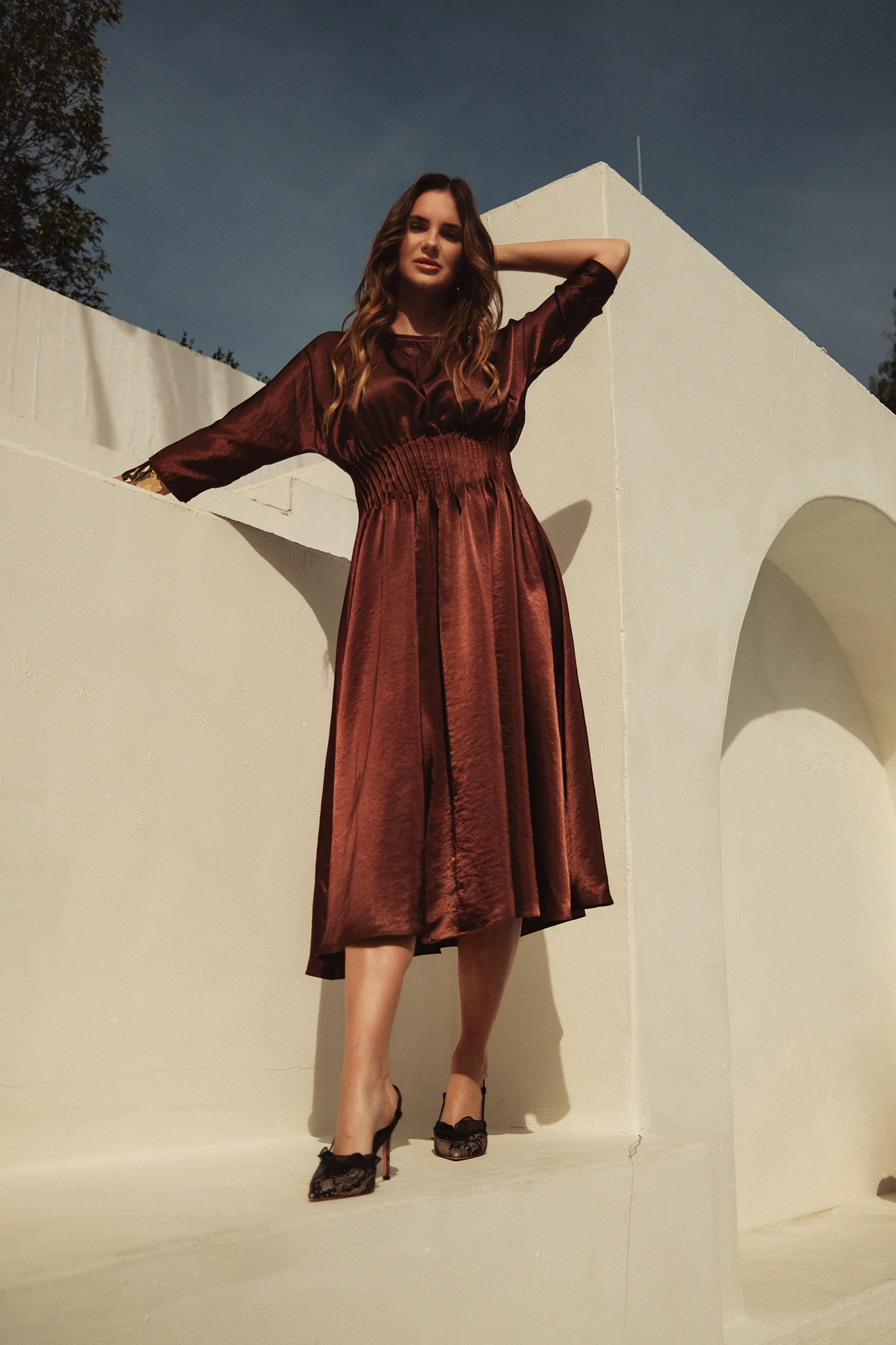 Bliss Satin Gathered Waist Dress Bronze - Image 3