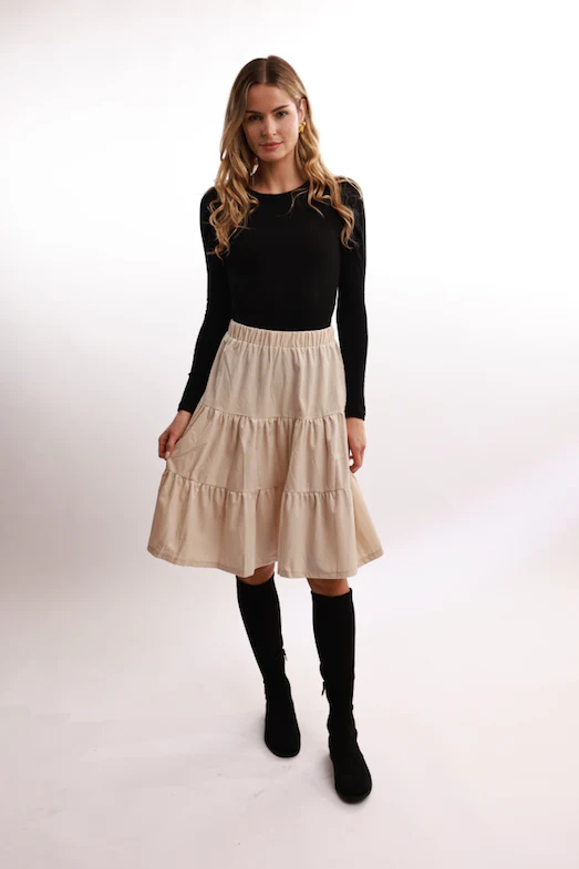 Bliss Tiered Corduroy Skirt Ivory - Image 3