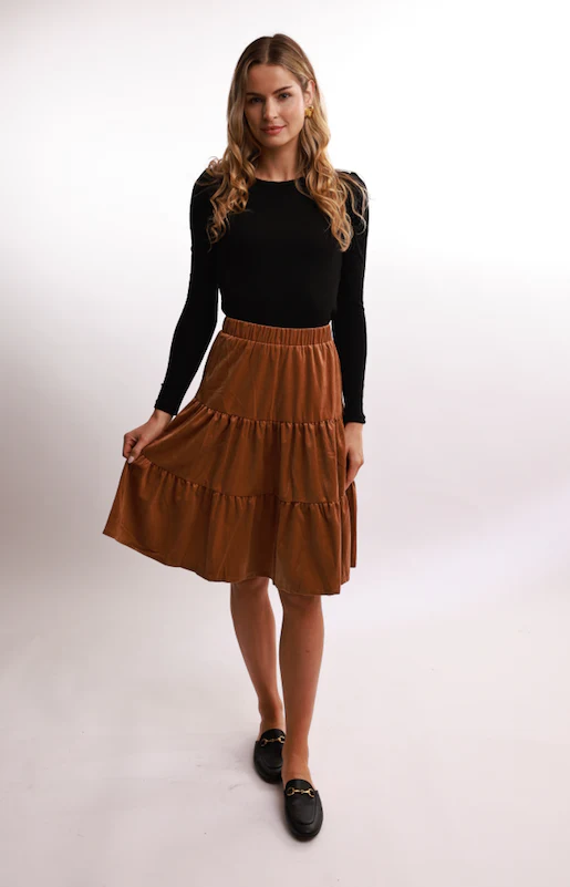 Bliss Tiered Corduroy Skirt Rust - Image 3