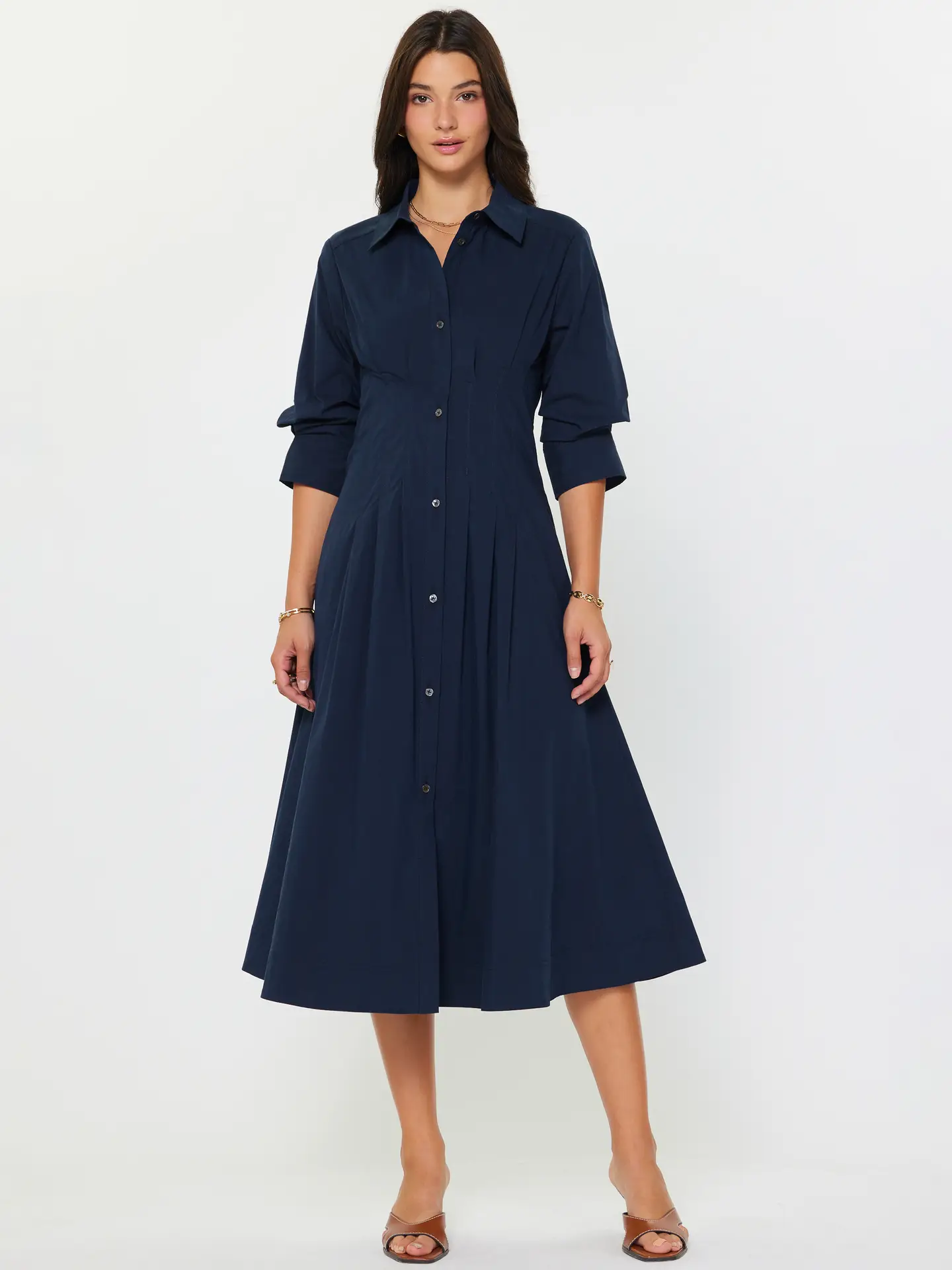 Button Down A-Line Midi Dress Navy