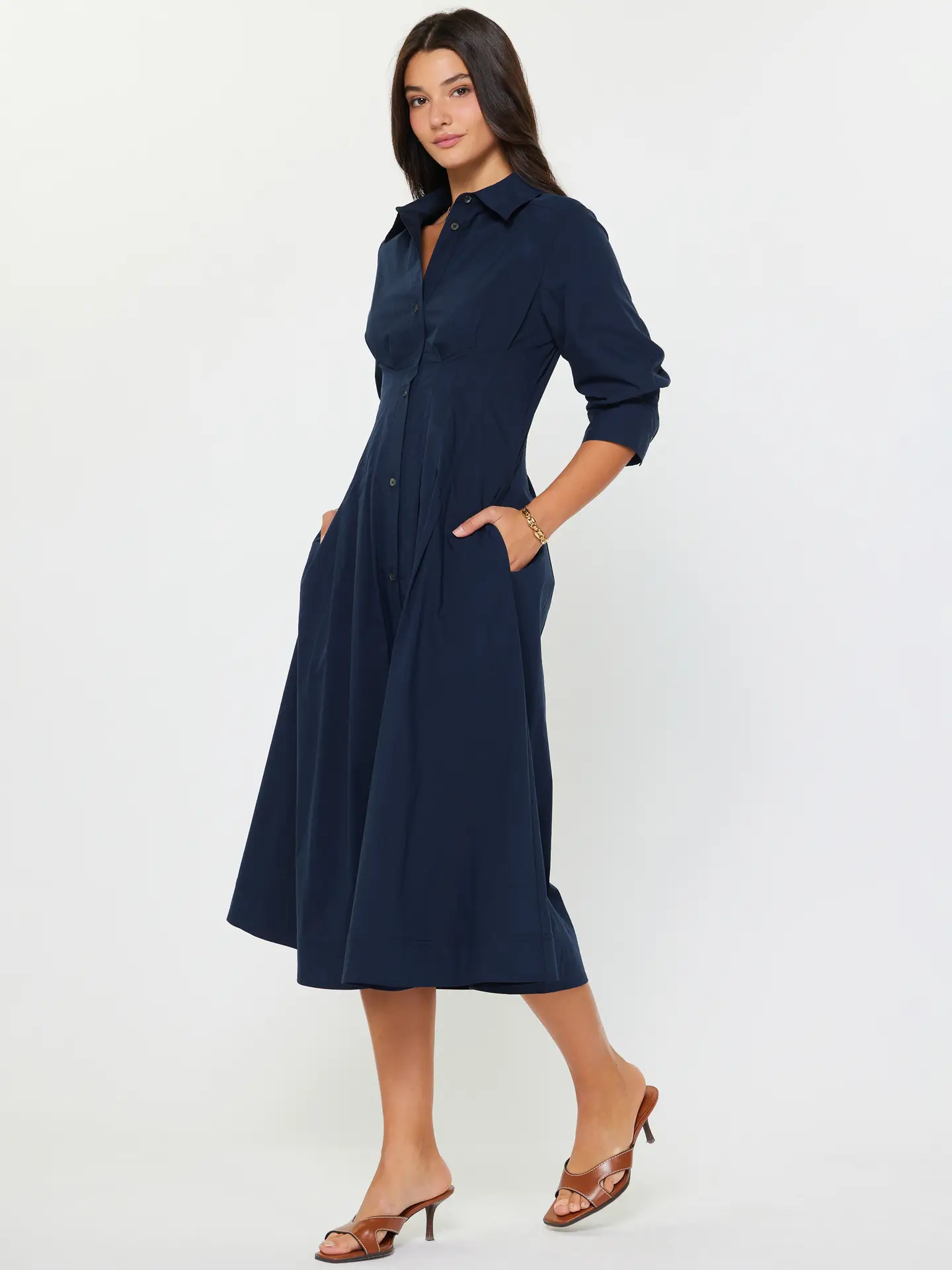 Button Down A-Line Midi Dress Navy - Image 2