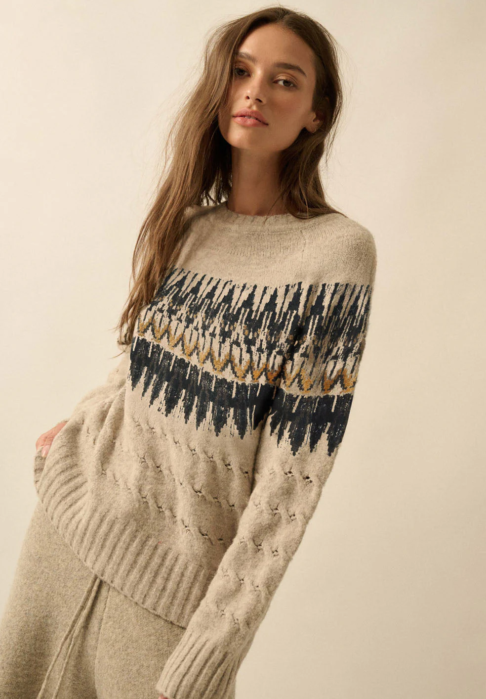 Cable Knit Fair Isle Raglan Sleeve Sweater - Image 2
