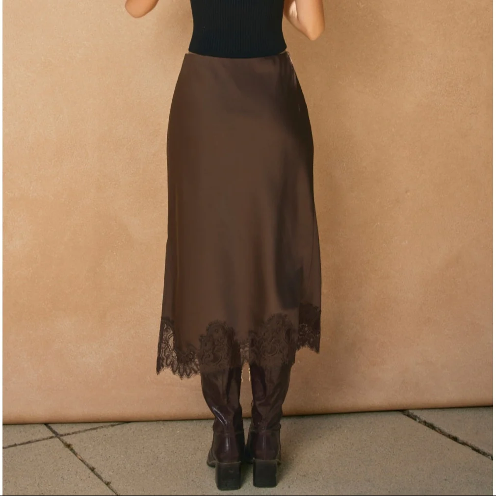 Dull Satin Lace Hem Slip Skirt Brown - Image 2