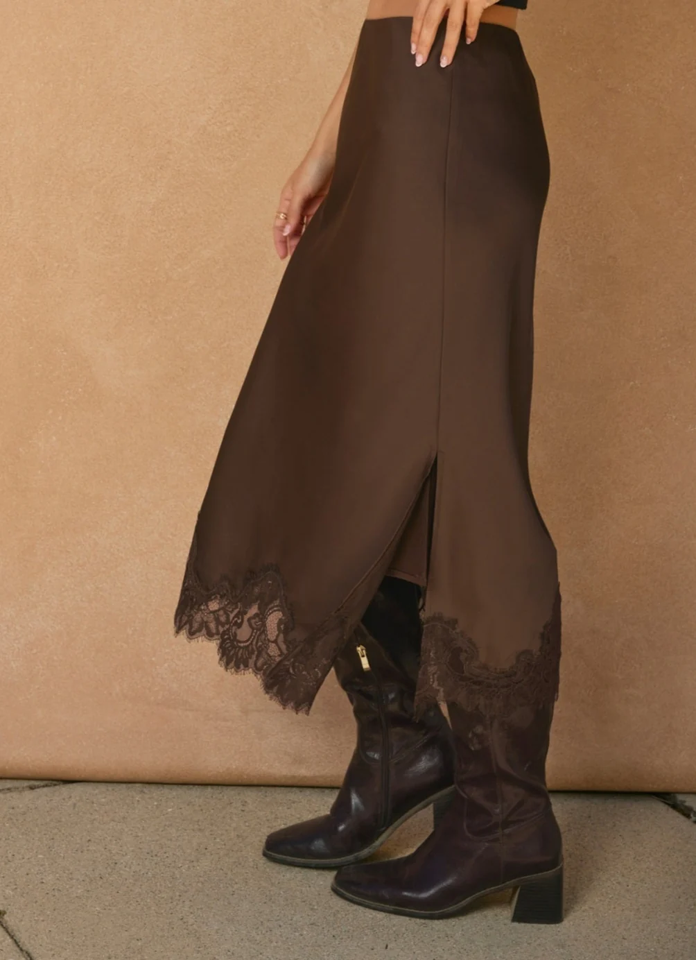 Dull Satin Lace Hem Slip Skirt Brown - Image 3