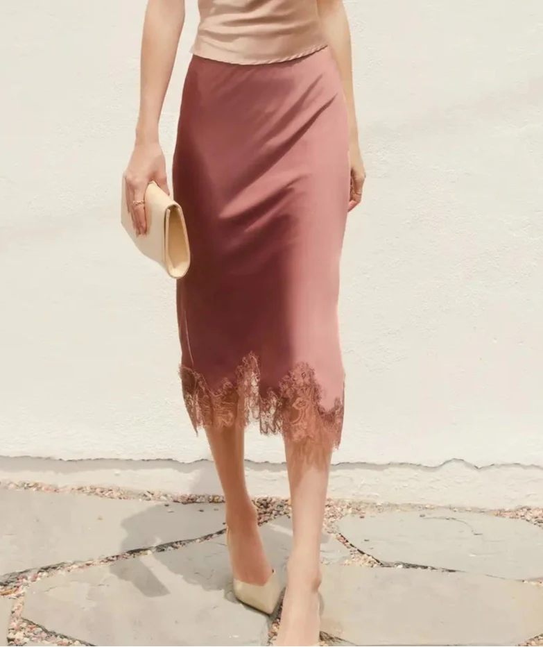 Dull Satin Lace Hem Slip Skirt Rose Dawn