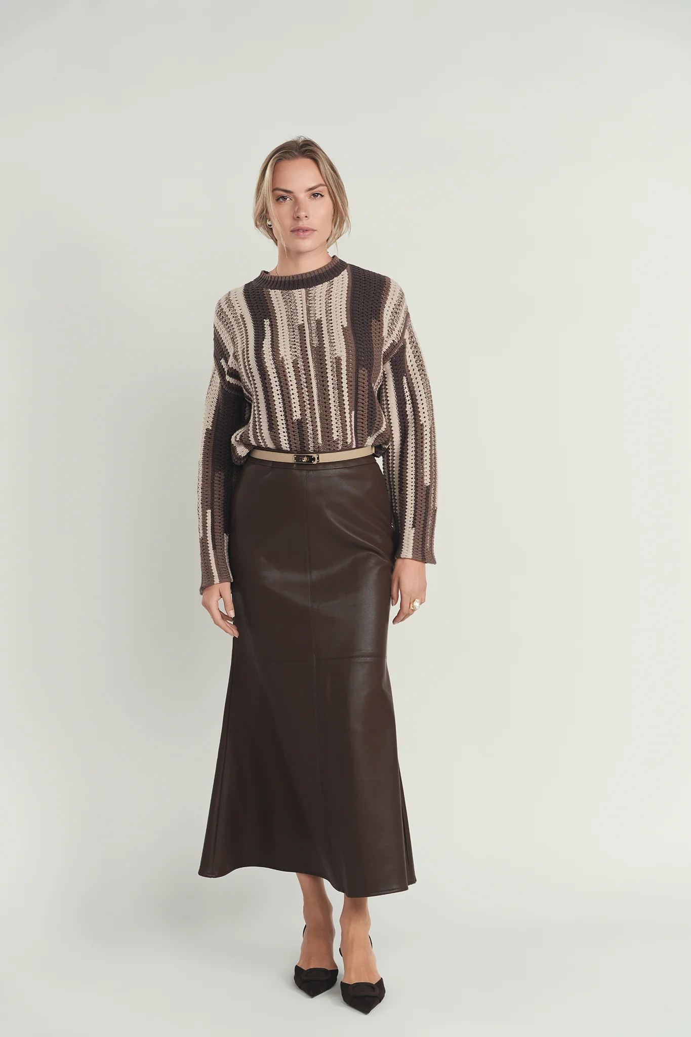 Ellie Makir Aline Leather Skirt Brown - Image 3