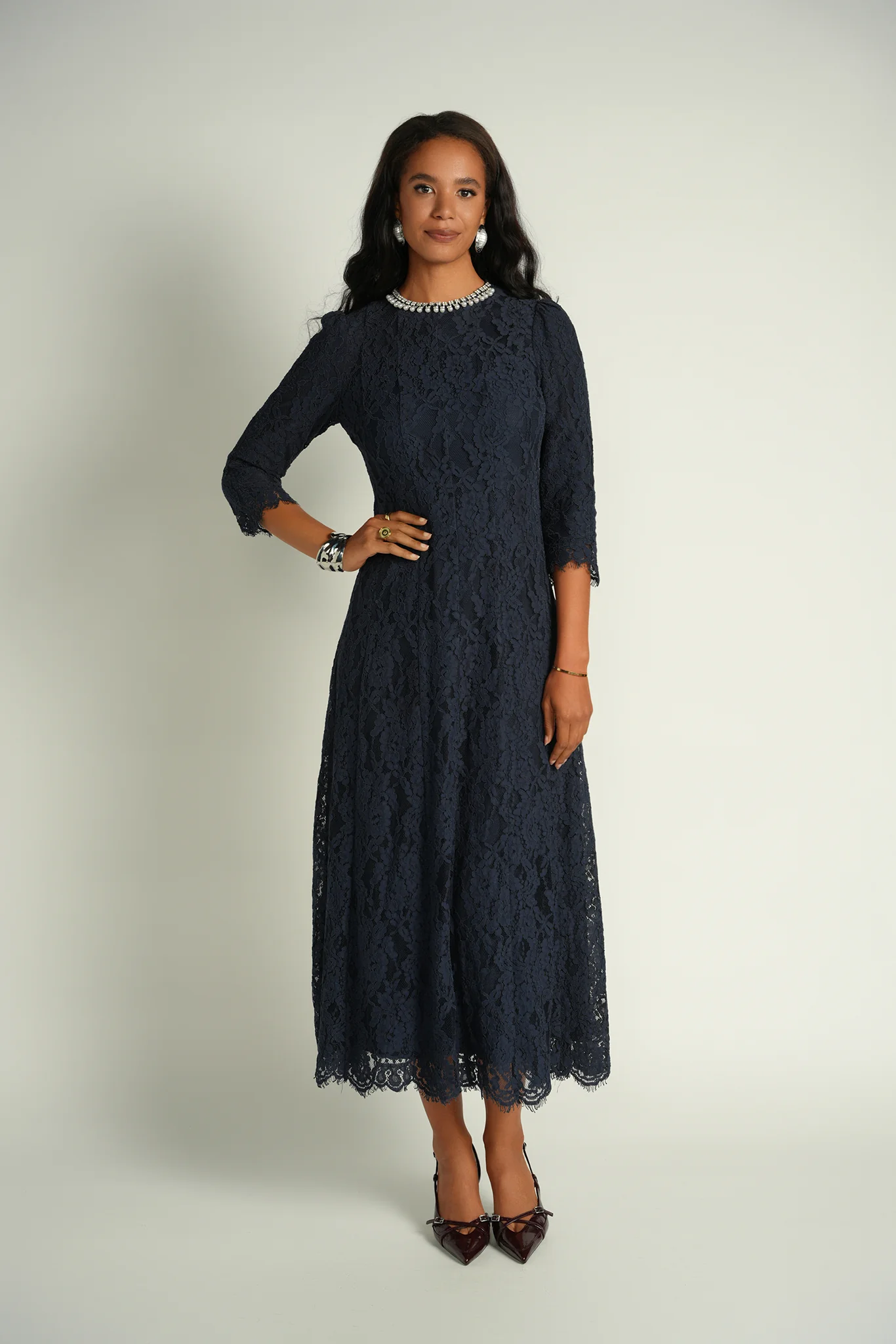 Ellie Makir Embellished Lace Midi Dress