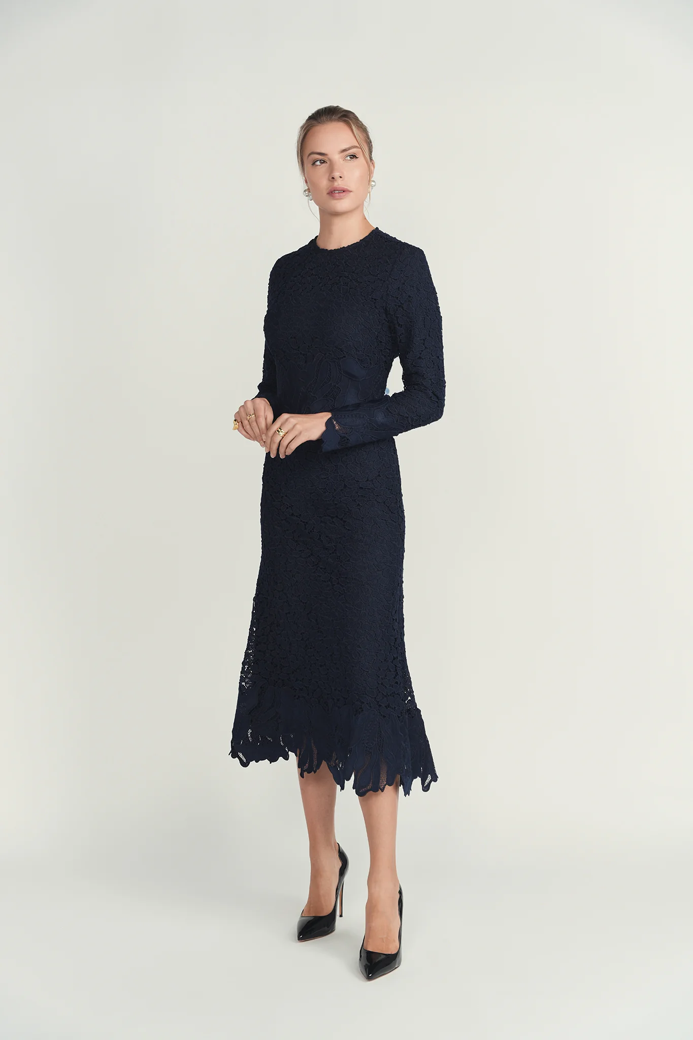 Ellie Makir Lace Flare Midi Dress Navy