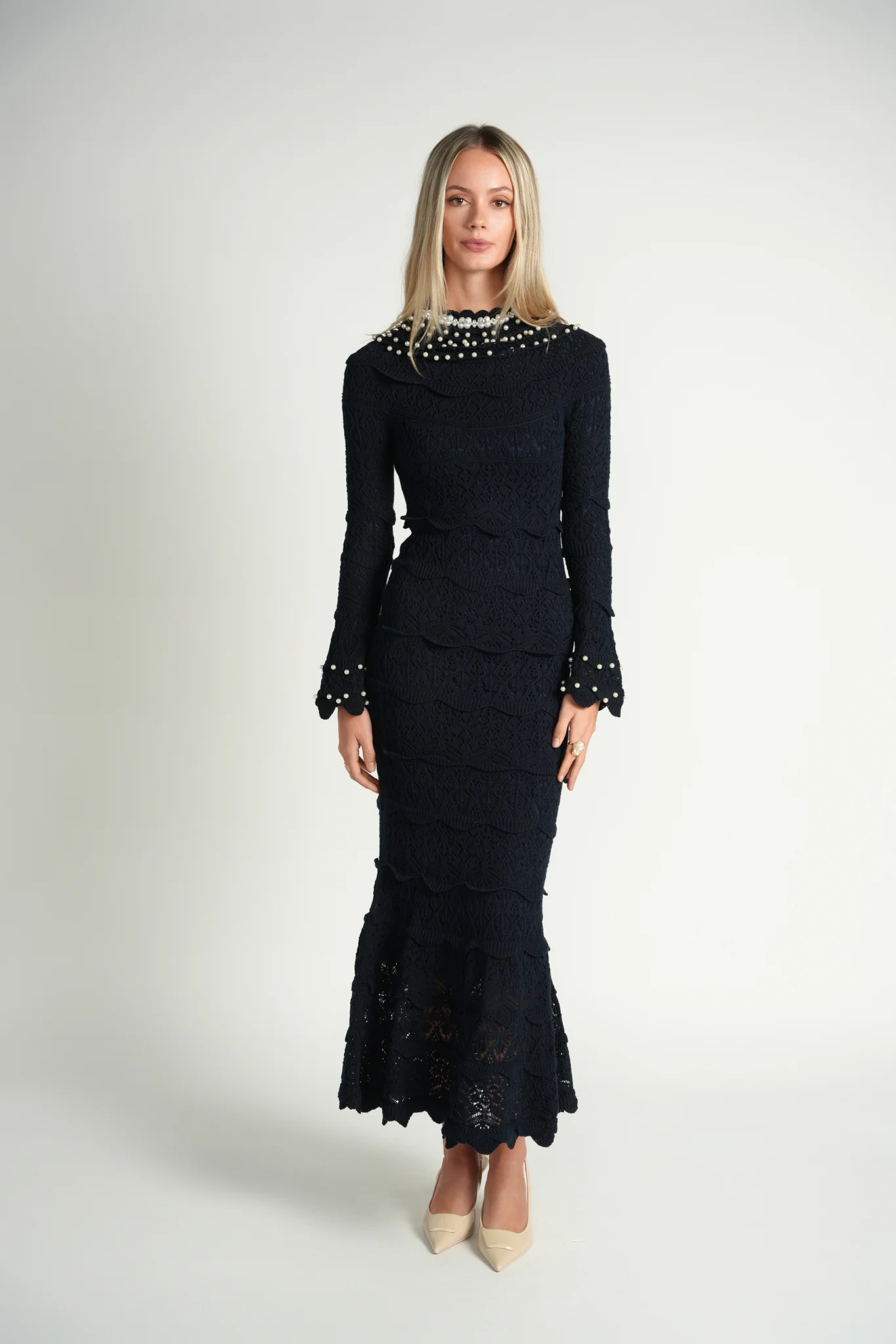 Ellie Makir Pearl Knit Midi Dress Navy