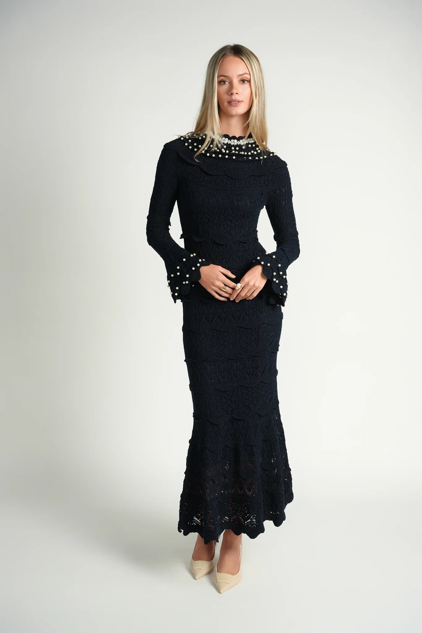 Ellie Makir Pearl Knit Midi Dress Navy - Image 2