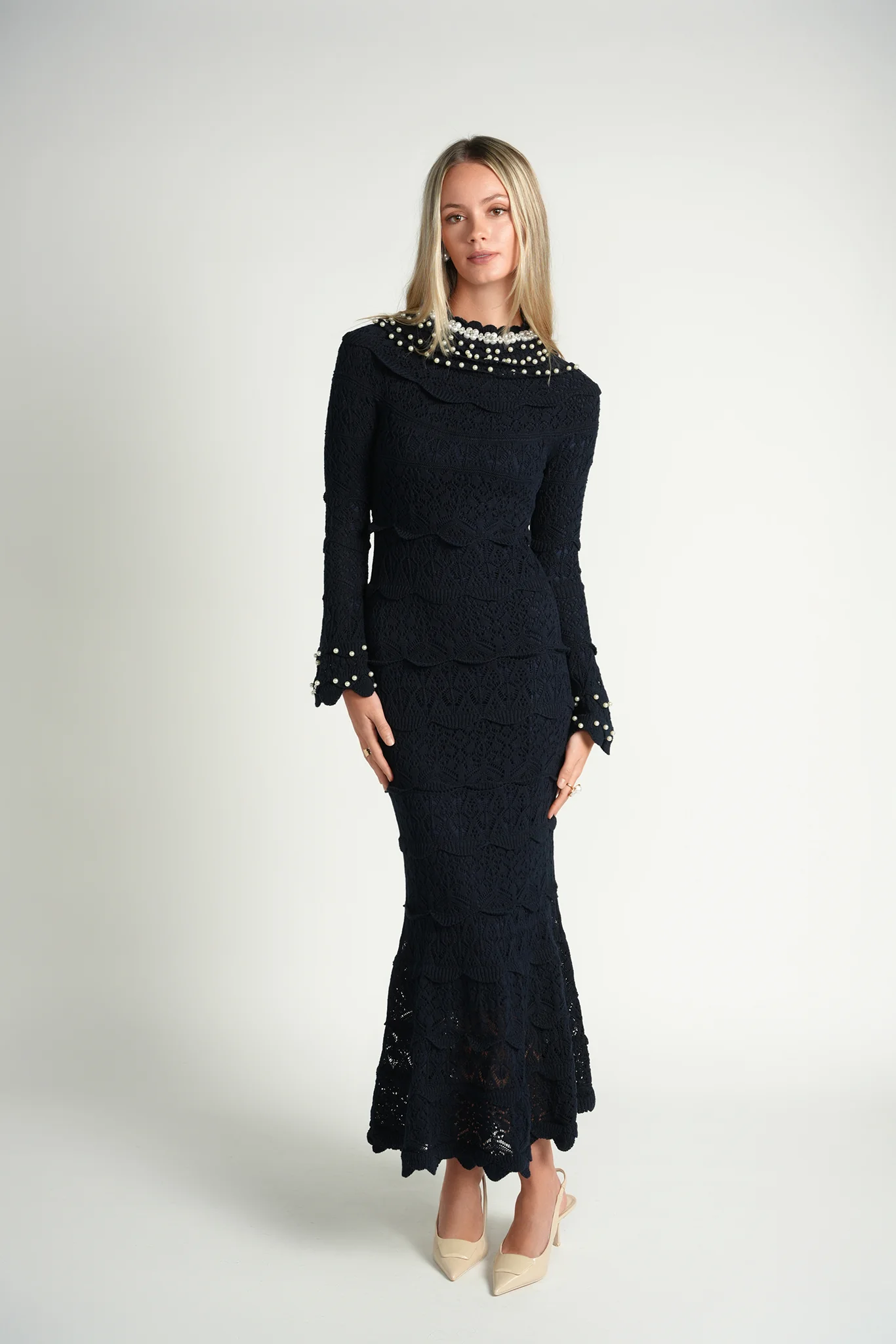 Ellie Makir Pearl Knit Midi Dress Navy - Image 3