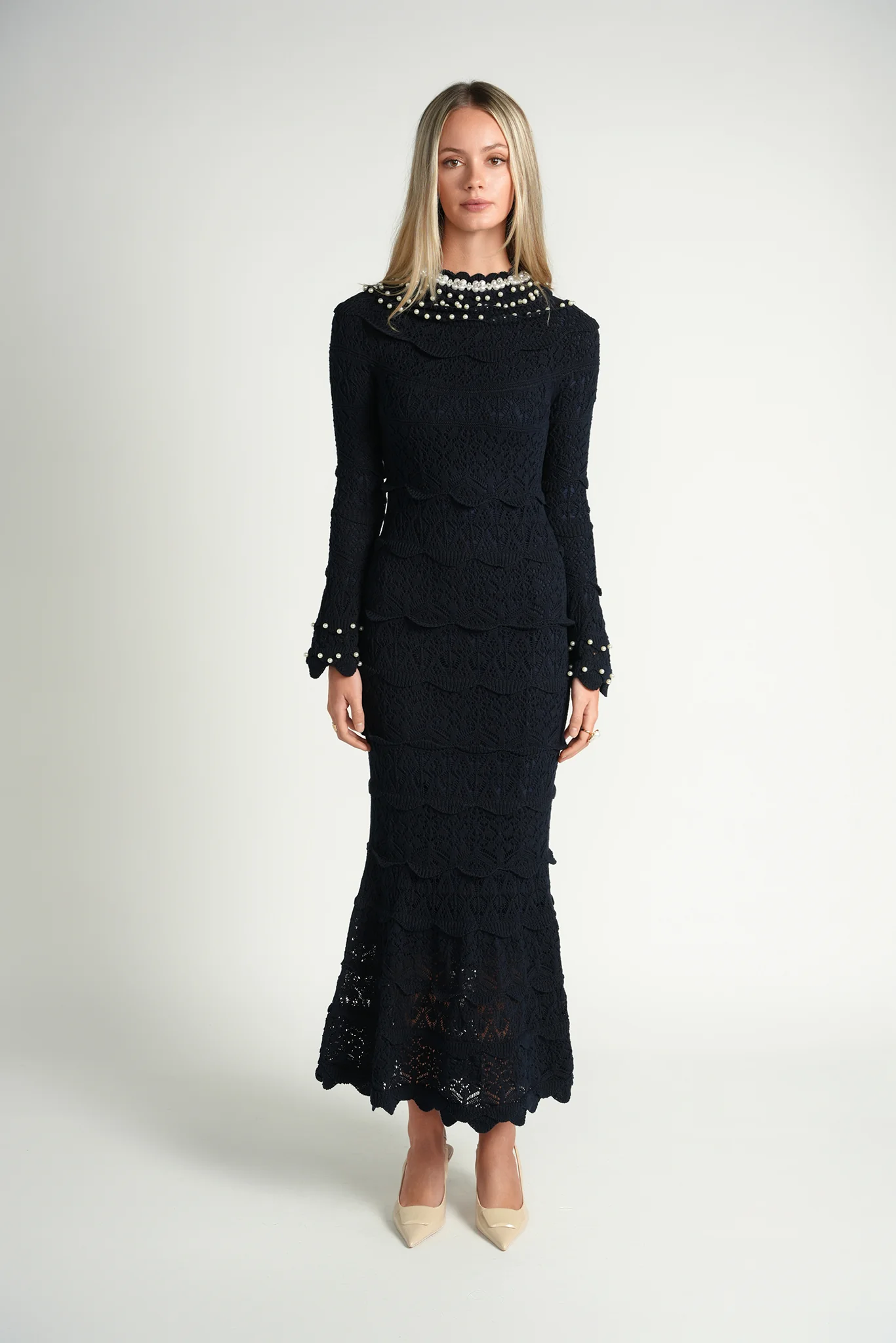 Ellie Makir Pearl Knit Midi Dress Navy - Image 4