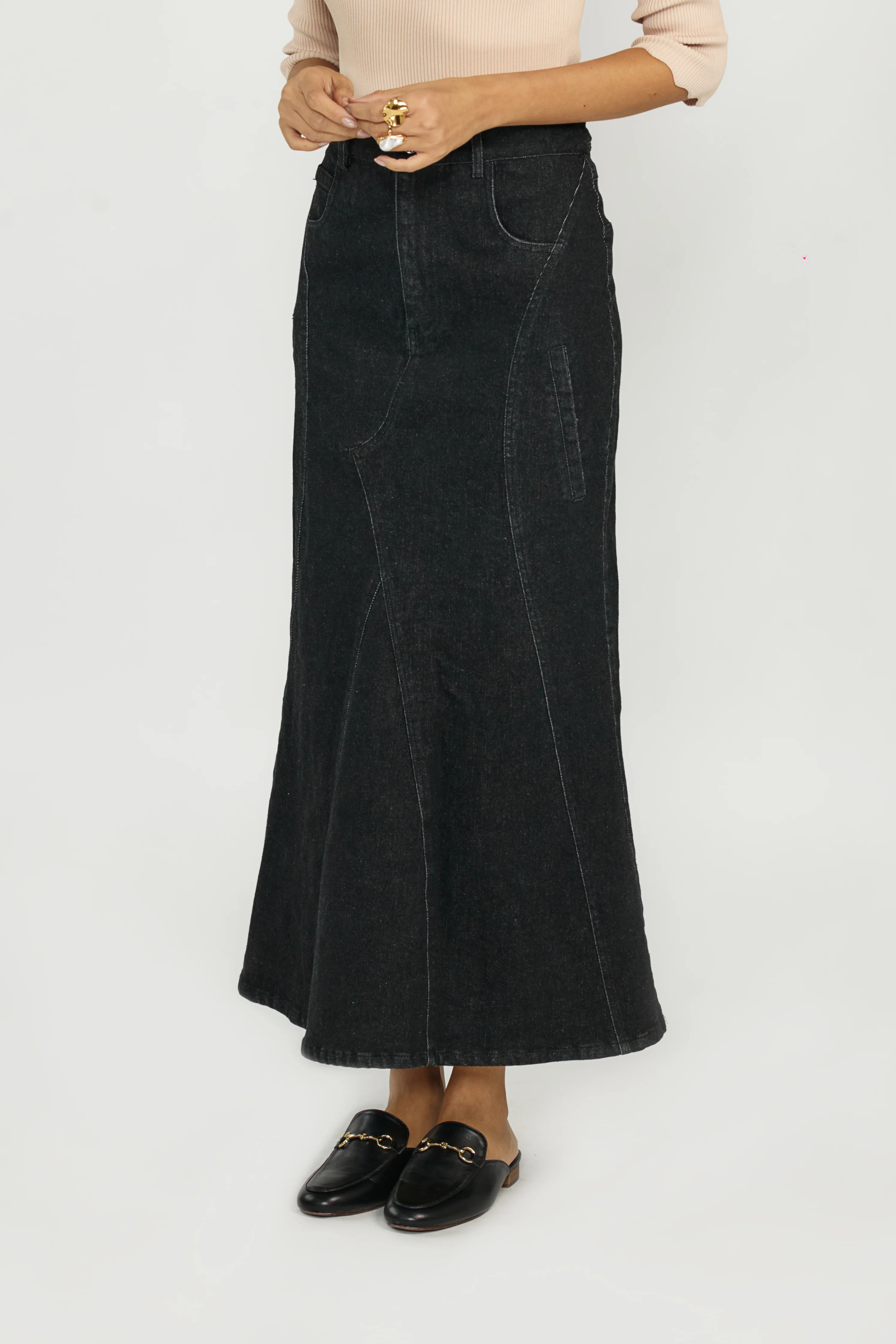 Ellie Makir Tailored Flare Denim Skirt Black Wash