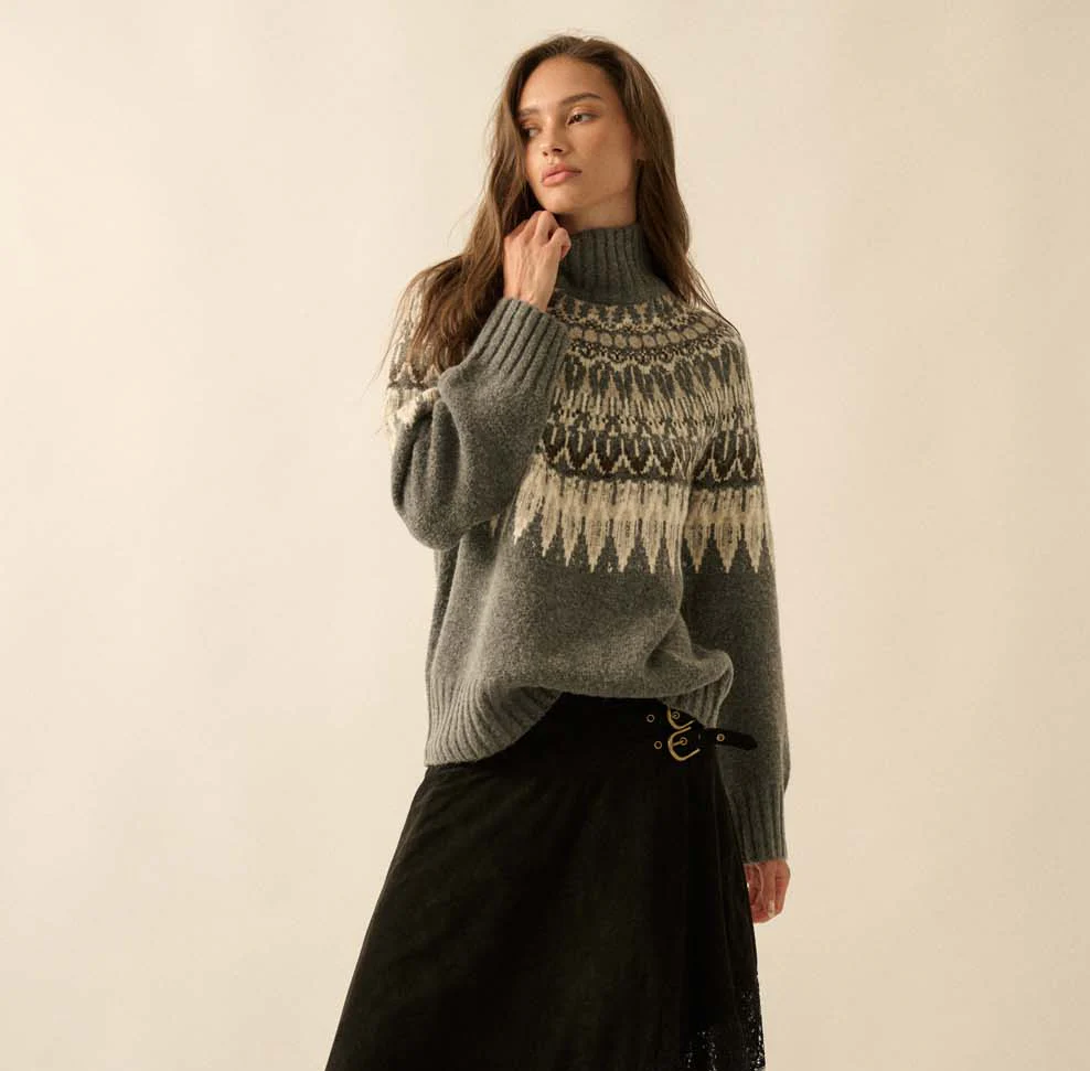 Fair Isle Knit Mock Neck Sweater - Image 2