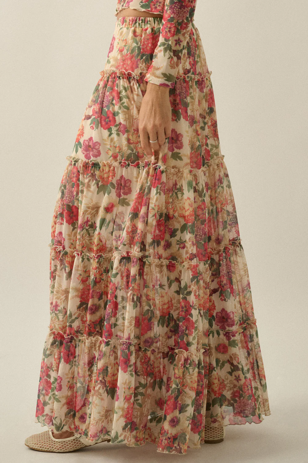 Floral Mesh Tiered Maxi Skirt - Image 2