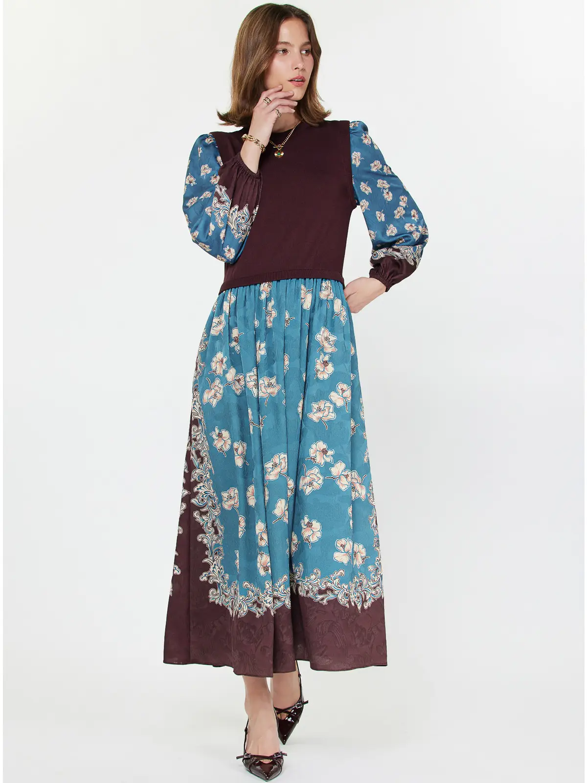 Floral Mixed Media Midi Dress