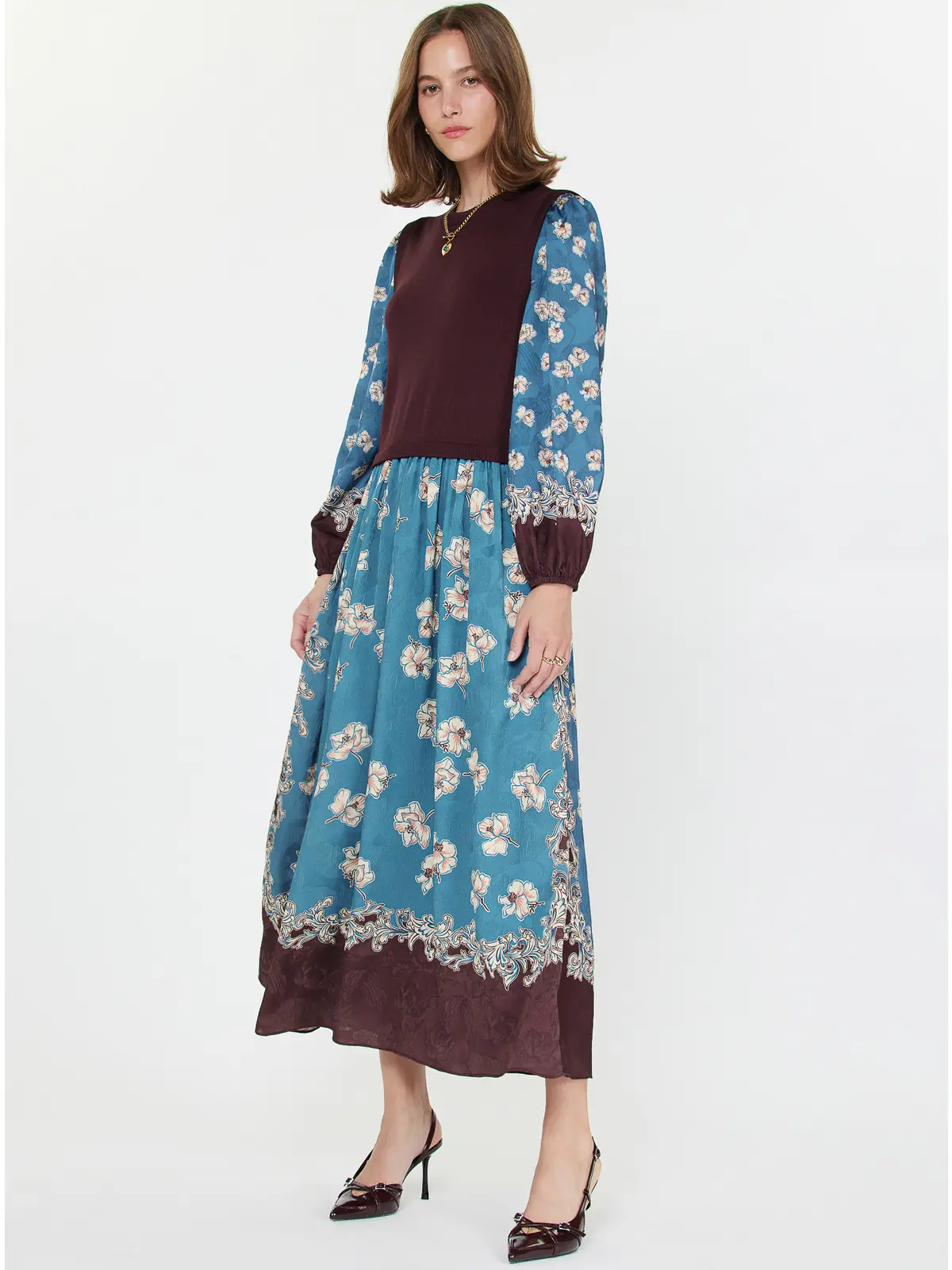 Floral Mixed Media Midi Dress - Image 2