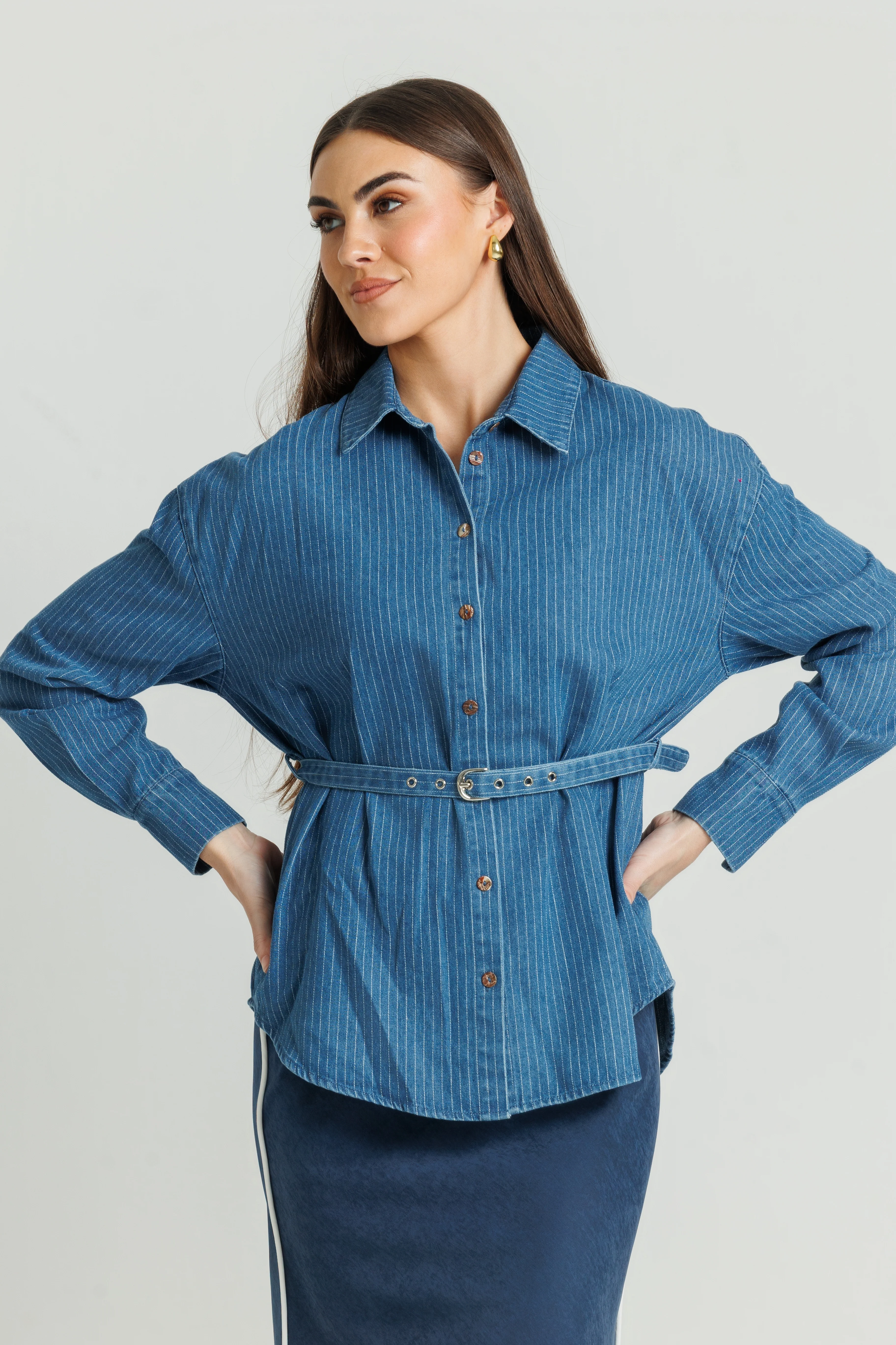 Loup Pinstripe Blouse Denim - Image 2