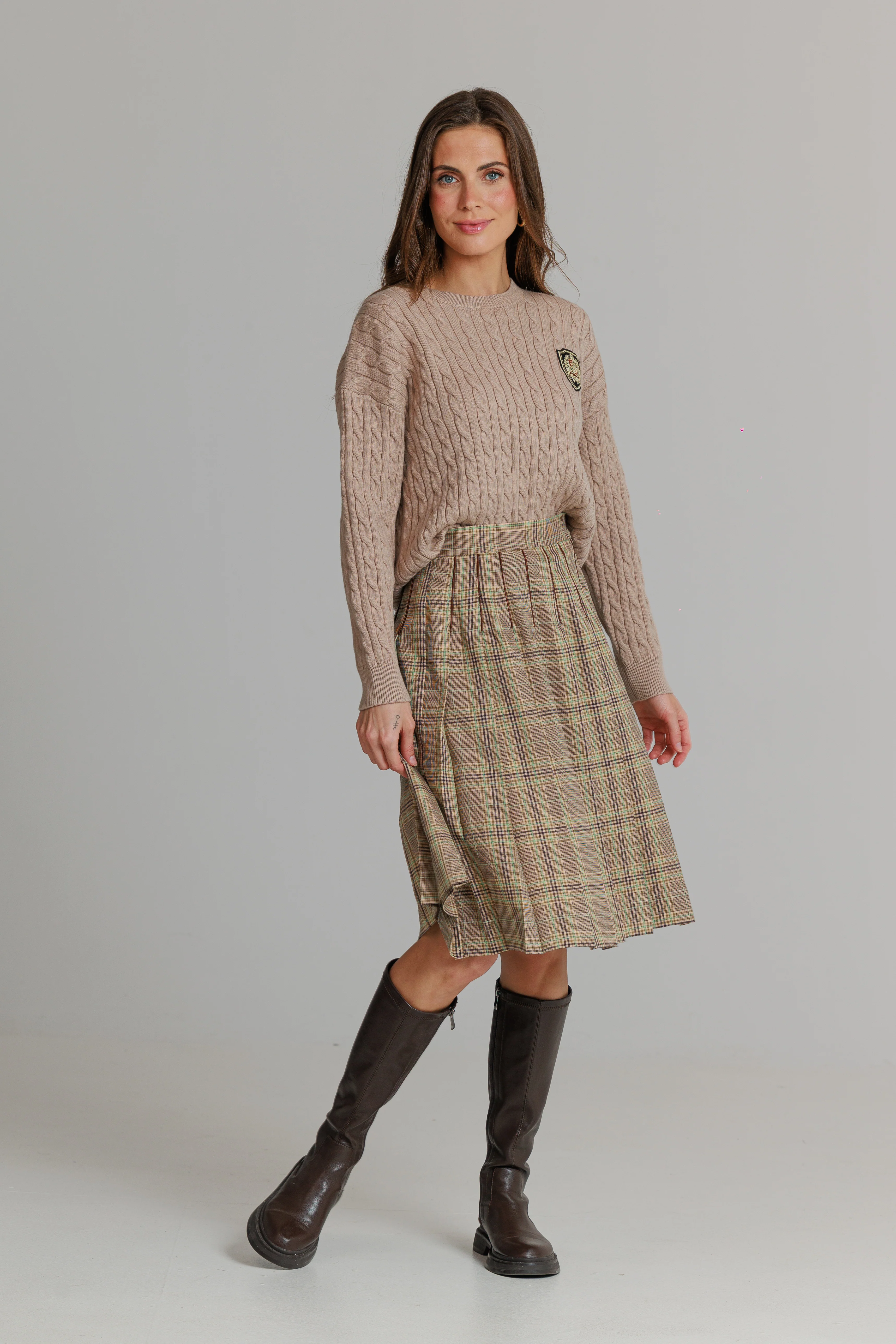 Loup Plaid Pleated Skirt Tan - Image 3