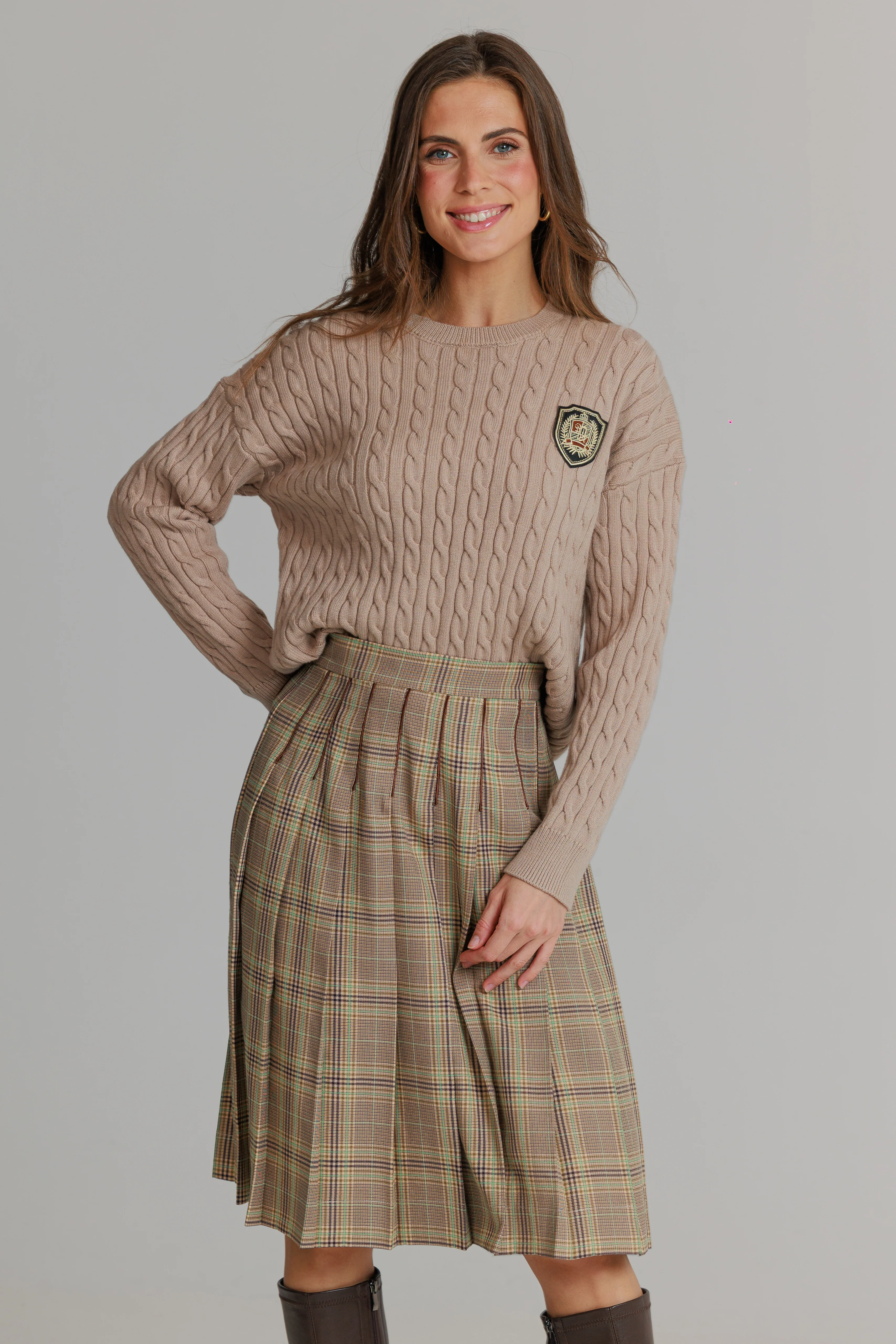 Loup Plaid Pleated Skirt Tan - Image 4