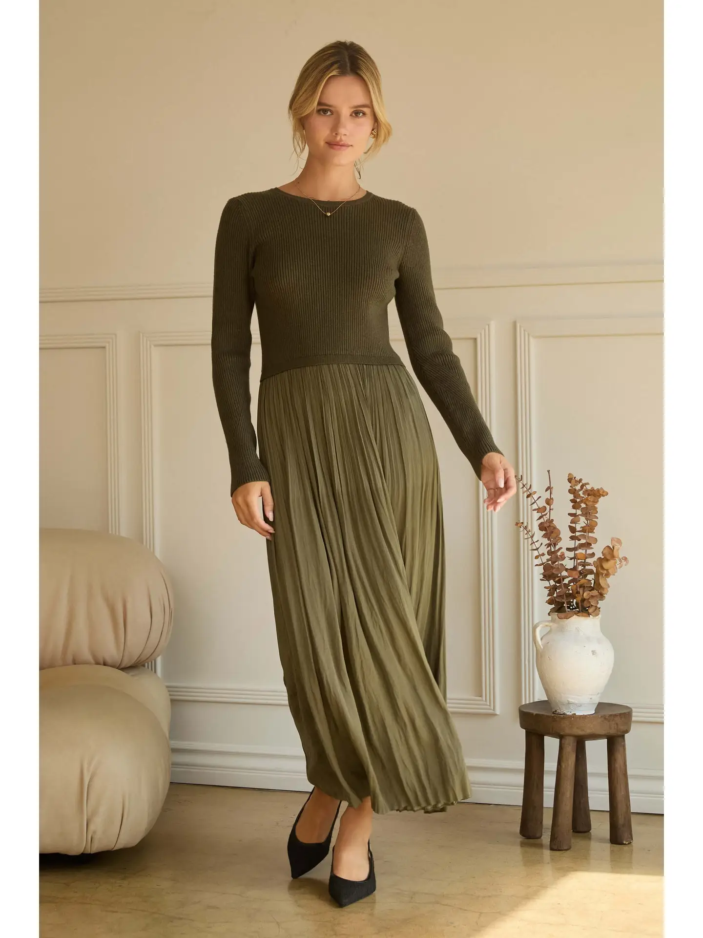 Mixed Media Long Sleeve Maxi Dress - Image 2