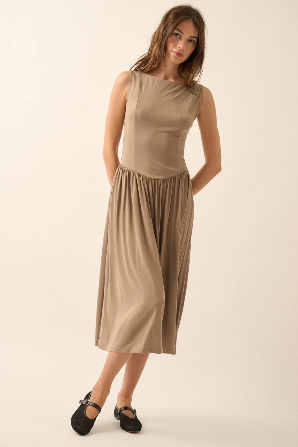 Modal Boatneck Drop Waist Midi Dress - Image 4