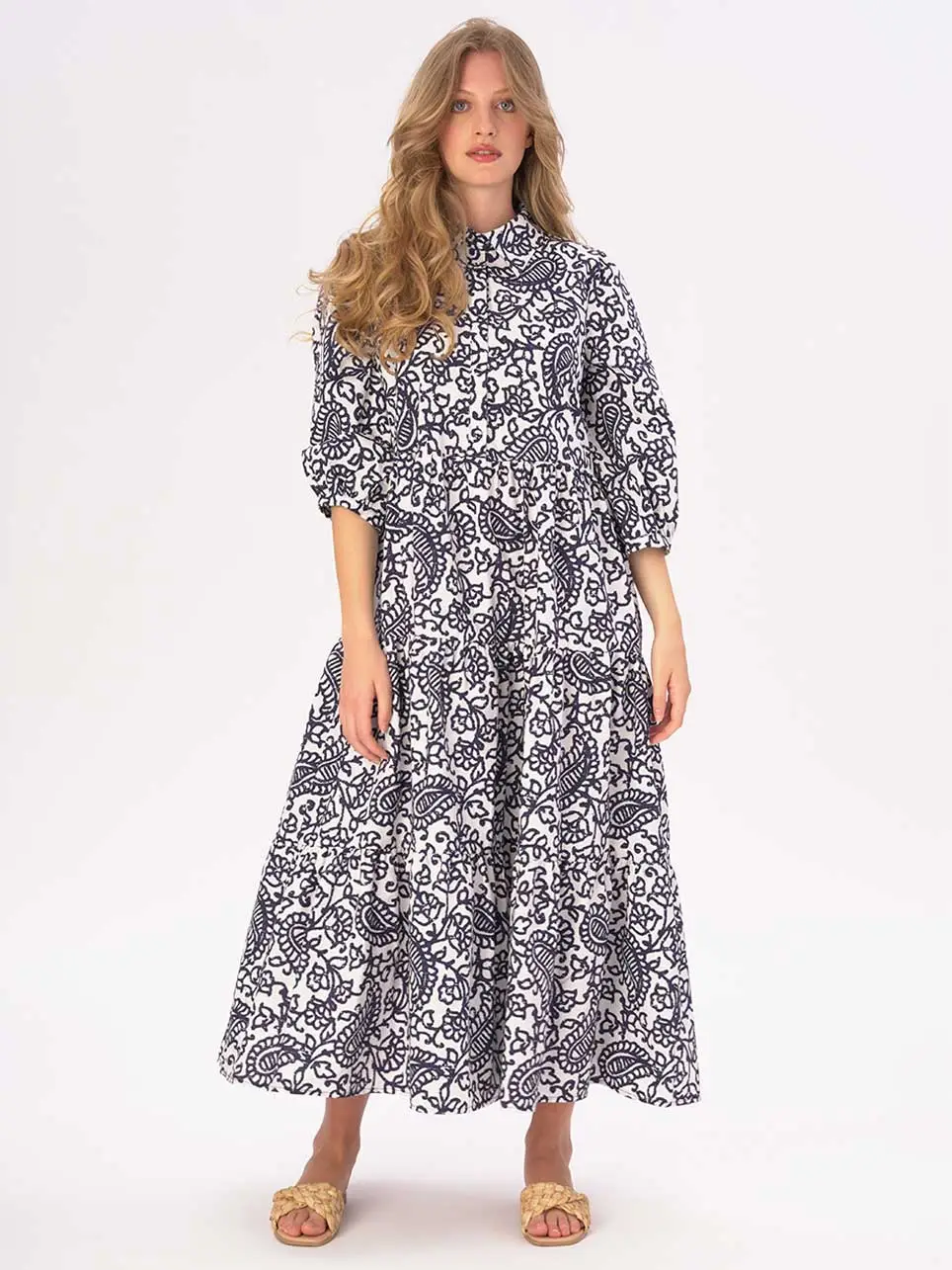 Paisely Floral Tiered Cotton Belted Maxi Shirtdress