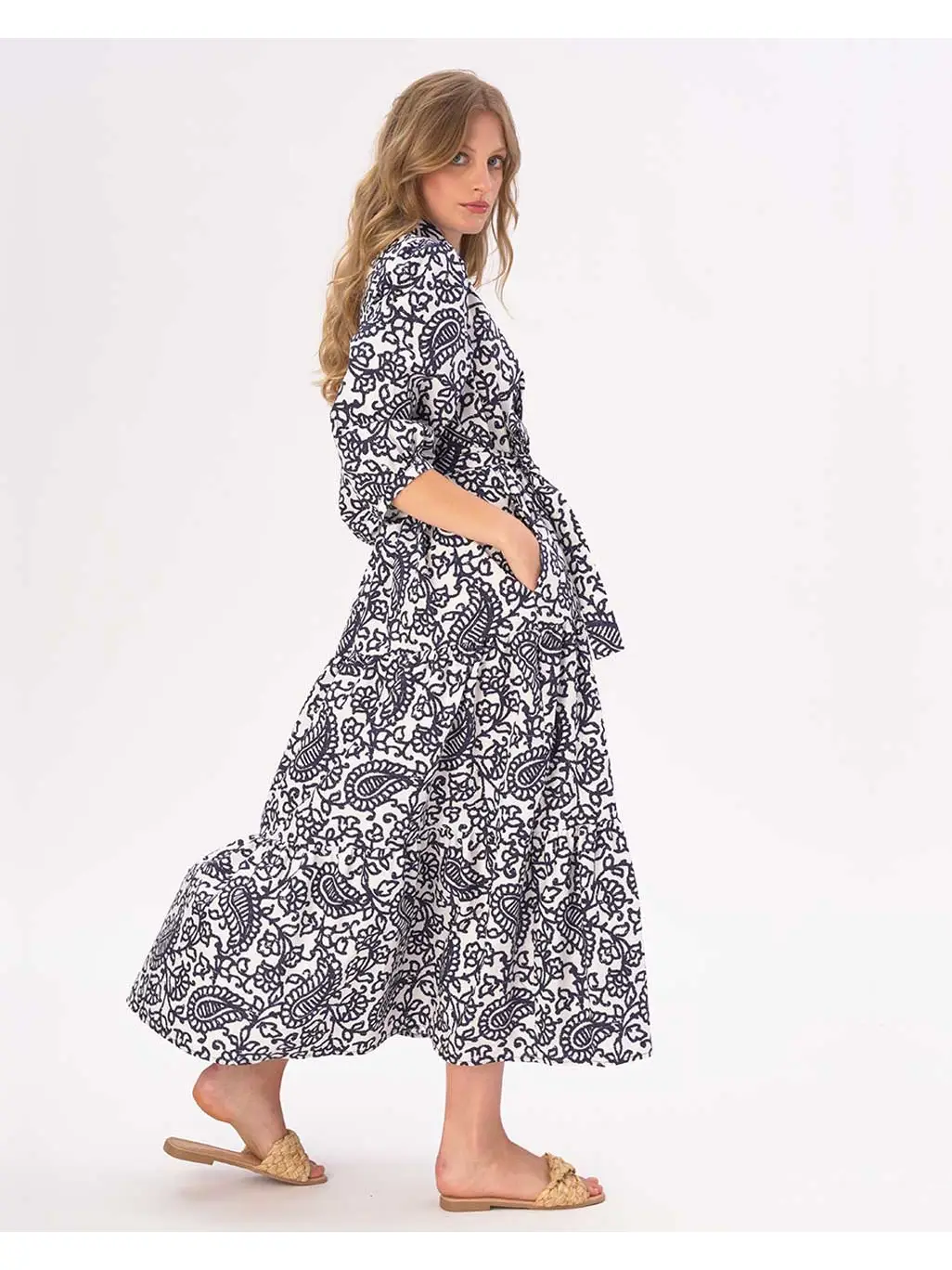 Paisely Floral Tiered Cotton Belted Maxi Shirtdress - Image 2