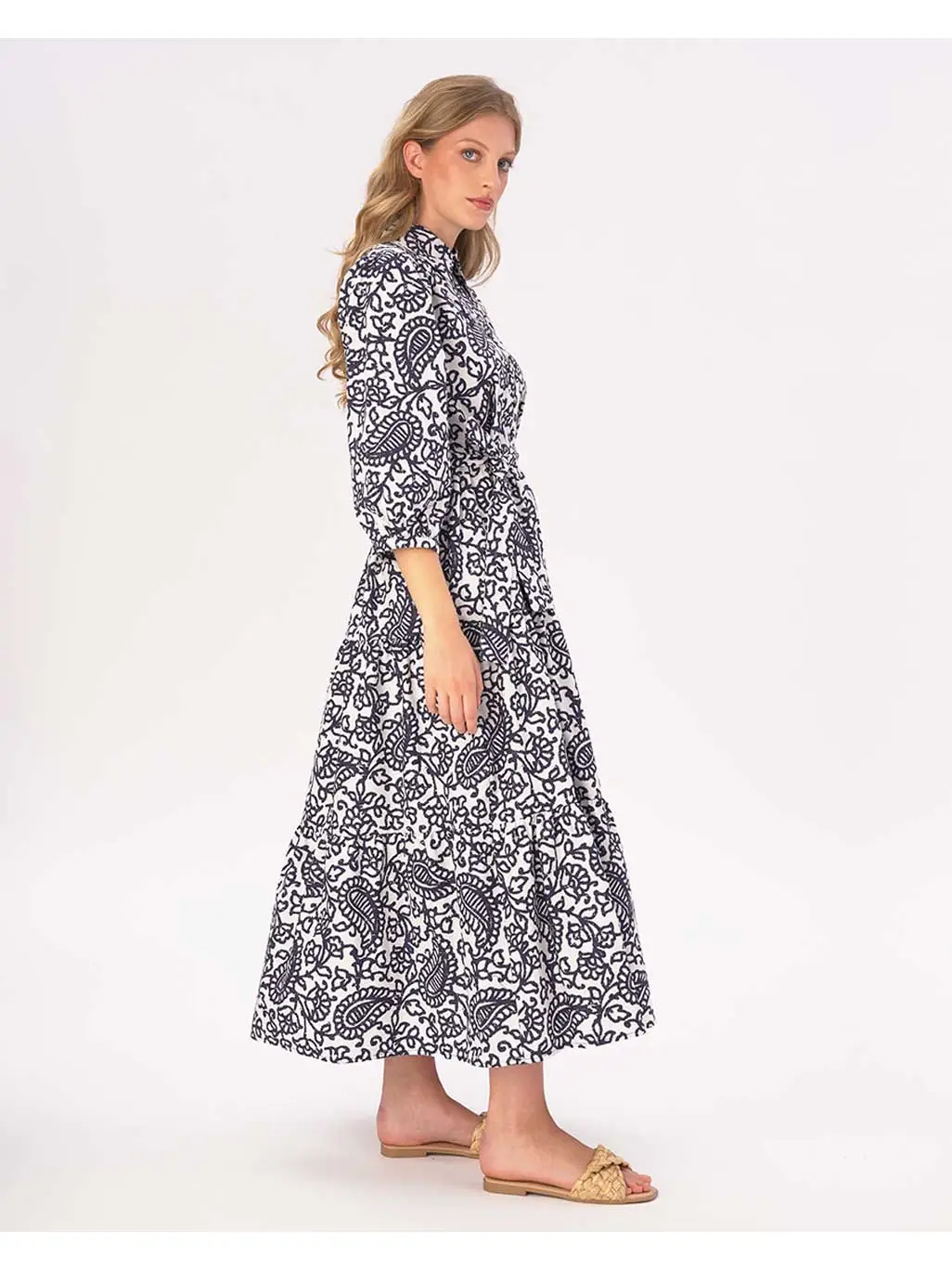 Paisely Floral Tiered Cotton Belted Maxi Shirtdress - Image 3
