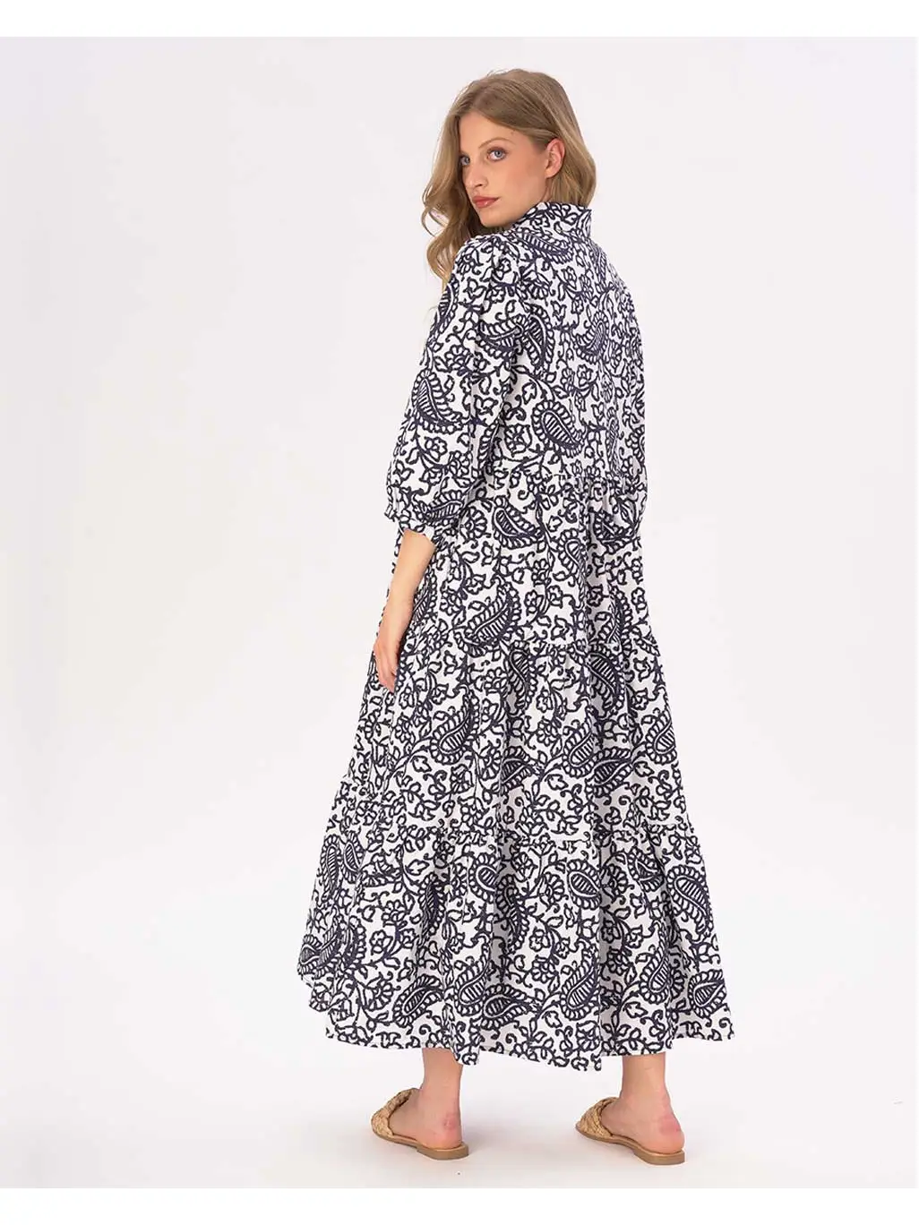 Paisely Floral Tiered Cotton Belted Maxi Shirtdress - Image 4