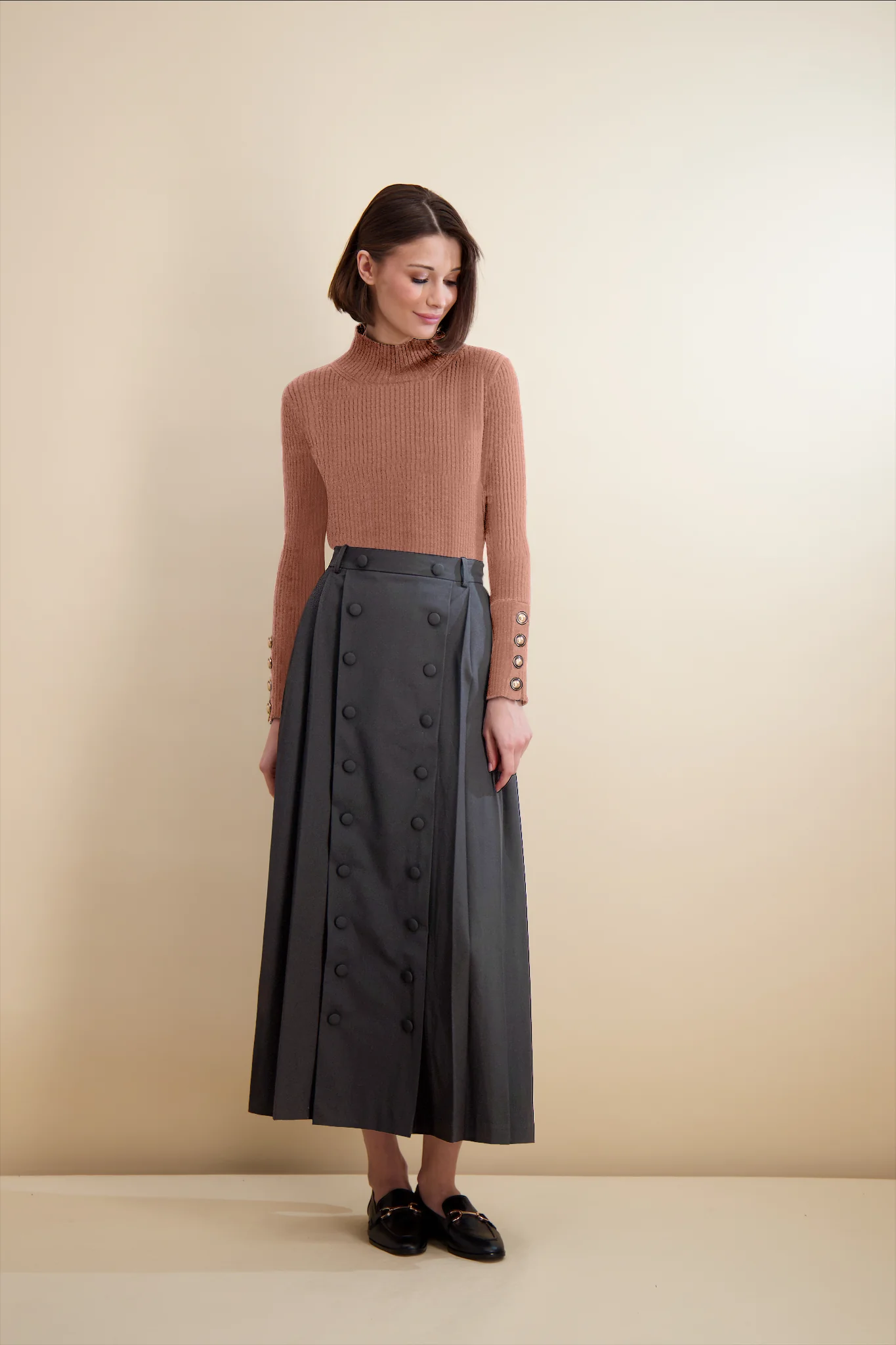 Pashmina Button Front Pleated Skirt Long Gray
