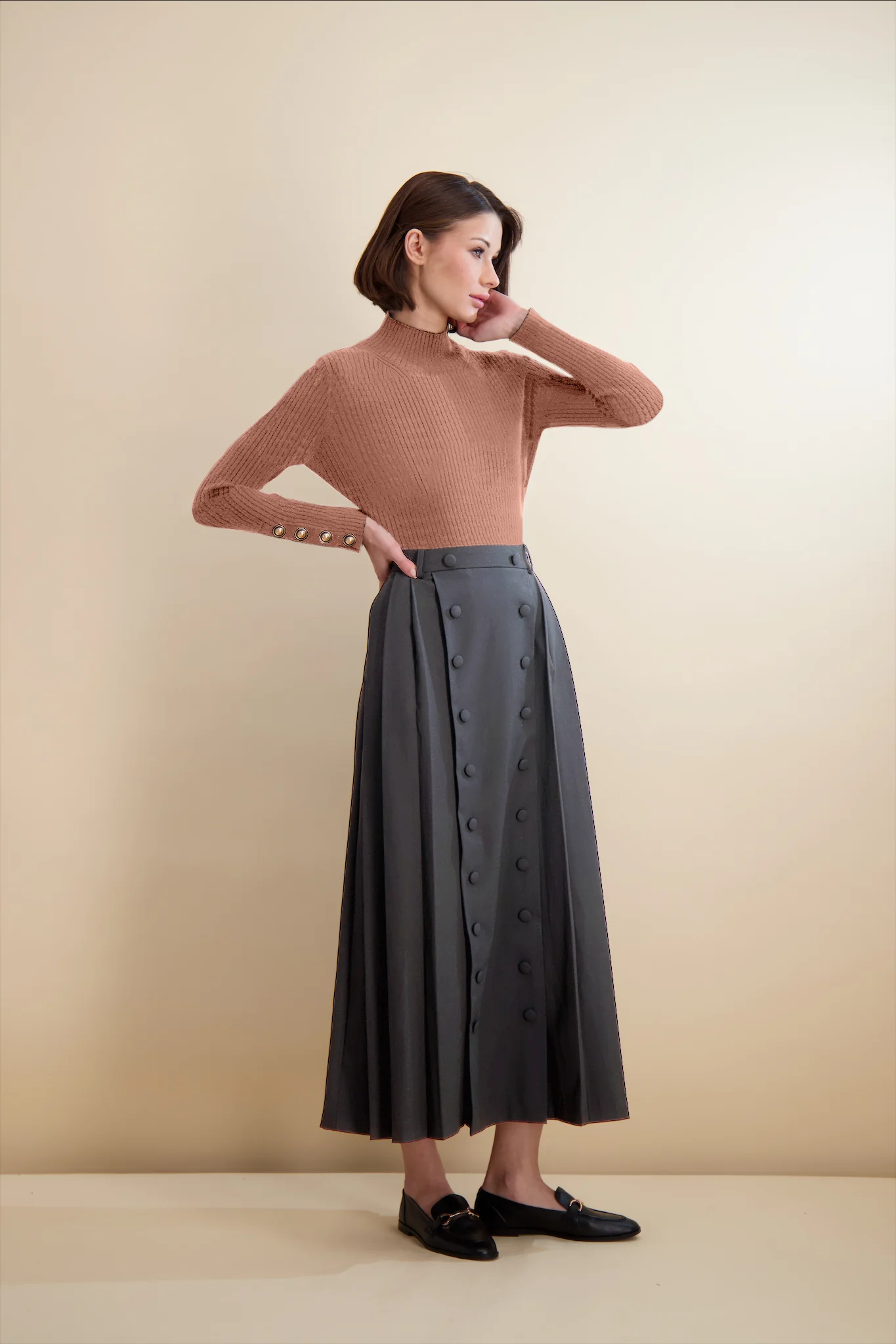 Pashmina Button Front Pleated Skirt Long Gray - Image 4