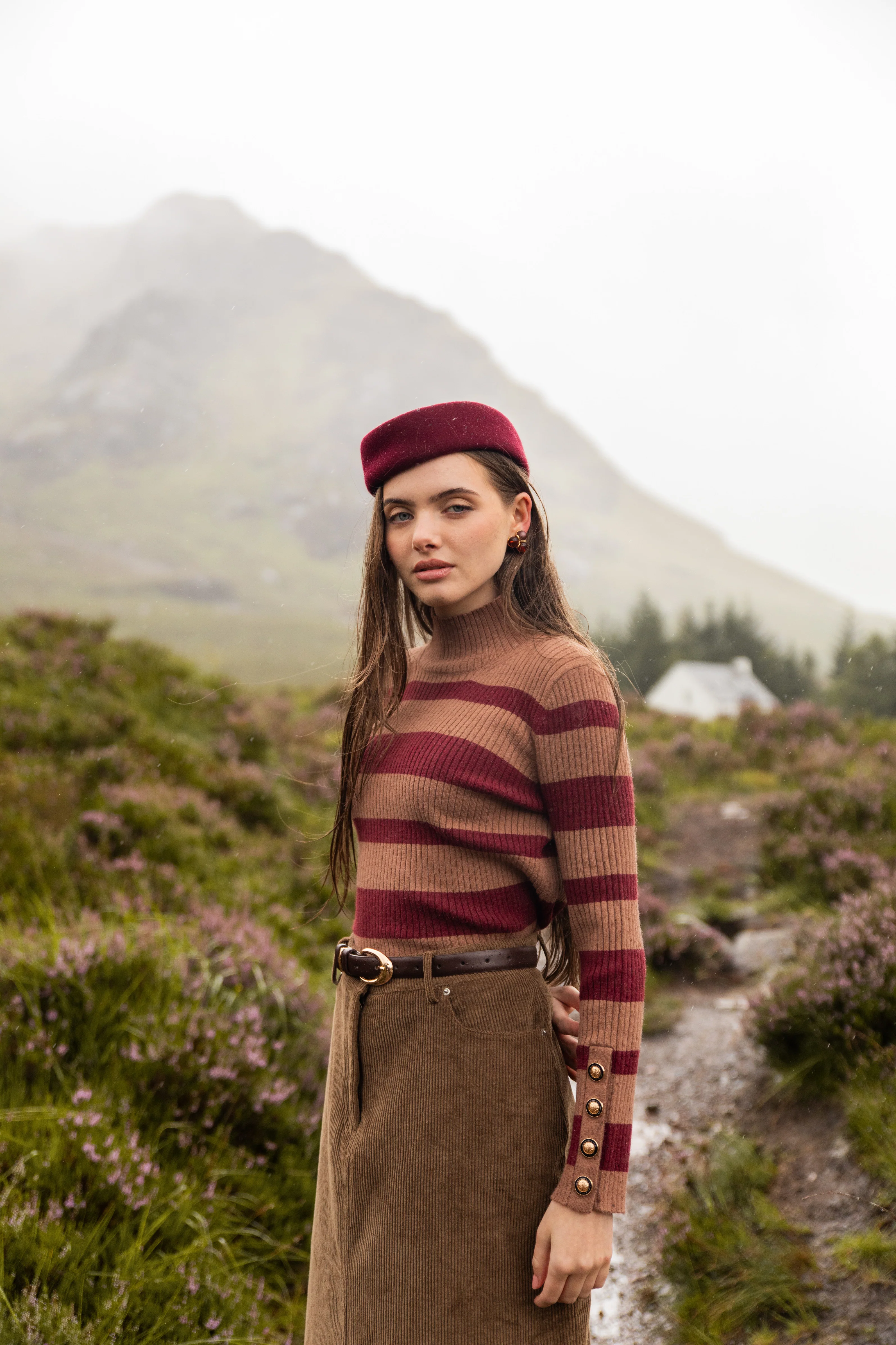 Pashmina Multi Stripe Rib Mock Neck Tan Stripe - Image 2