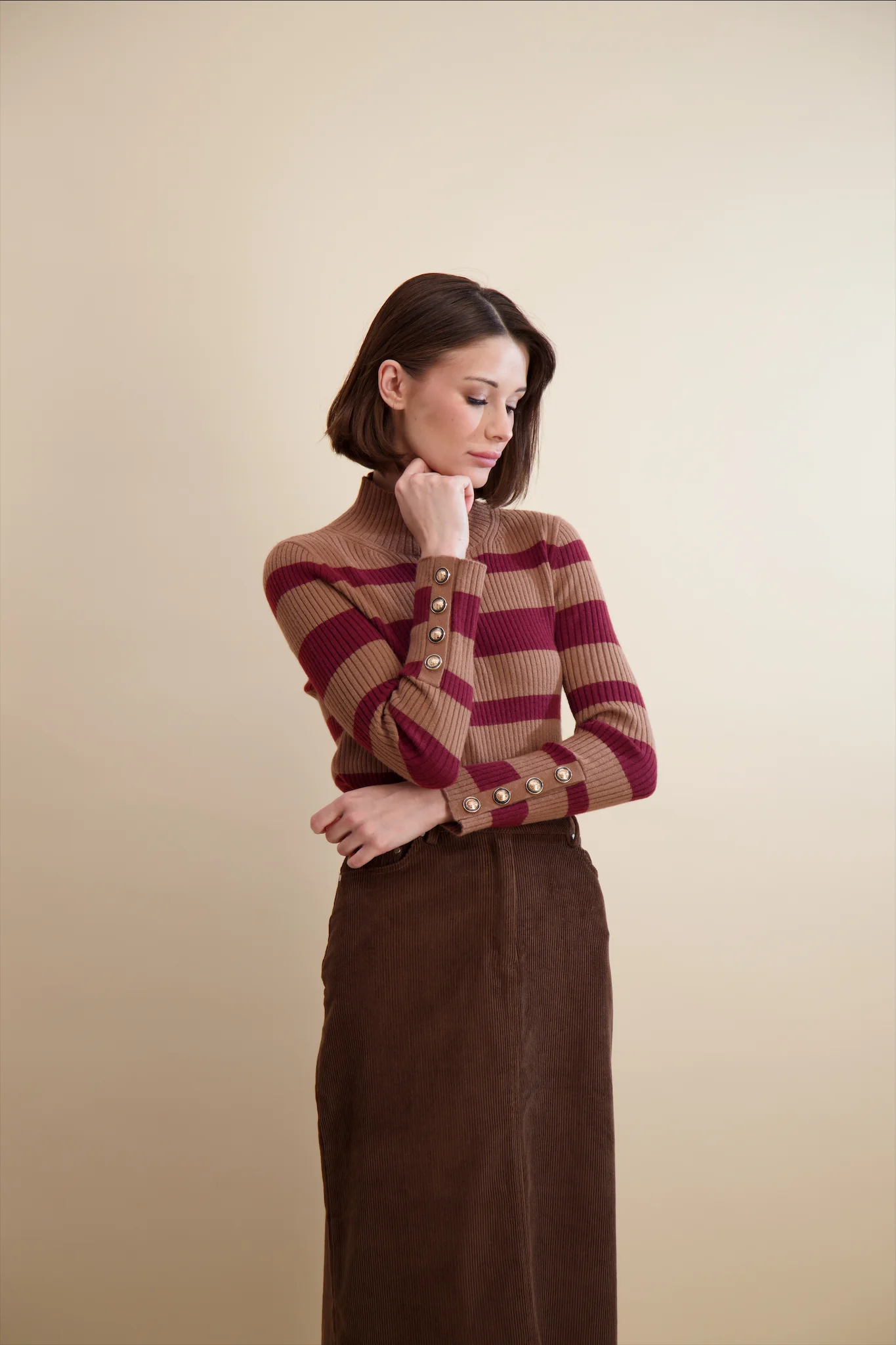 Pashmina Multi Stripe Rib Mock Neck Tan Stripe - Image 3