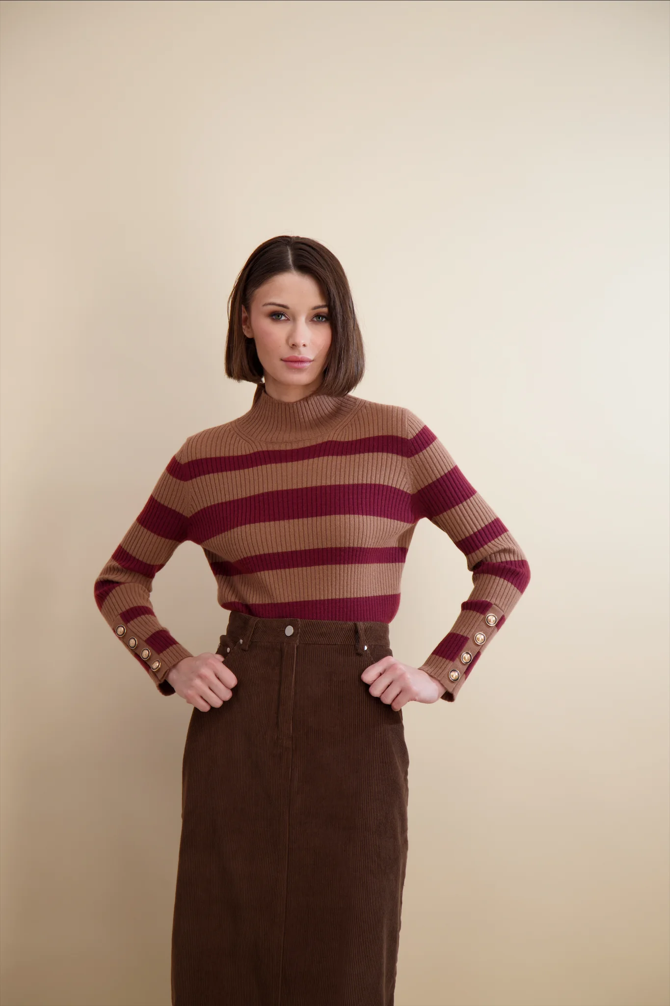 Pashmina Multi Stripe Rib Mock Neck Tan Stripe - Image 4