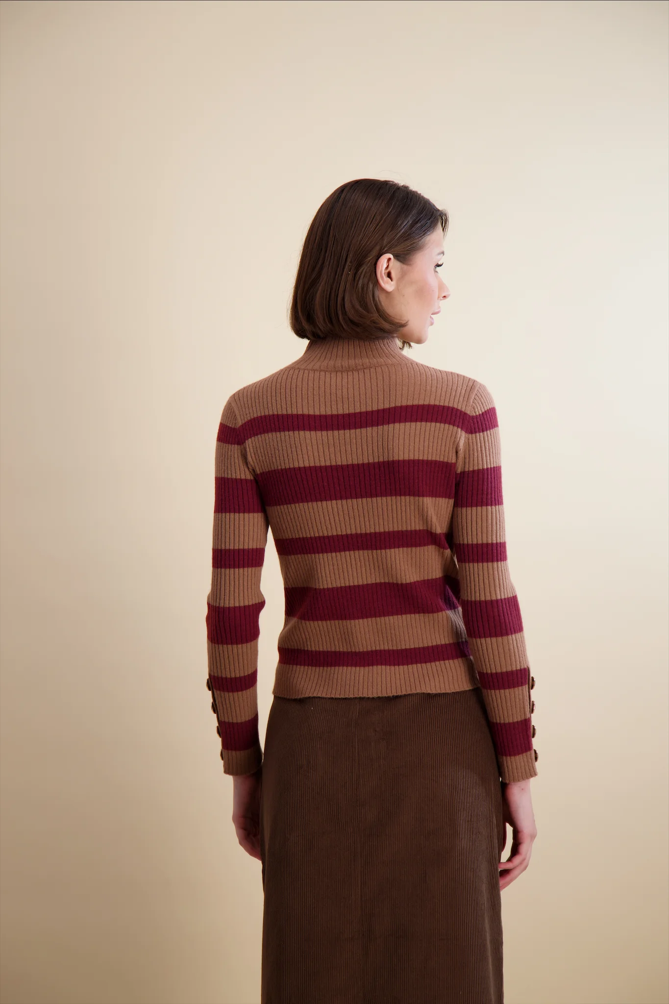 Pashmina Multi Stripe Rib Mock Neck Tan Stripe - Image 6