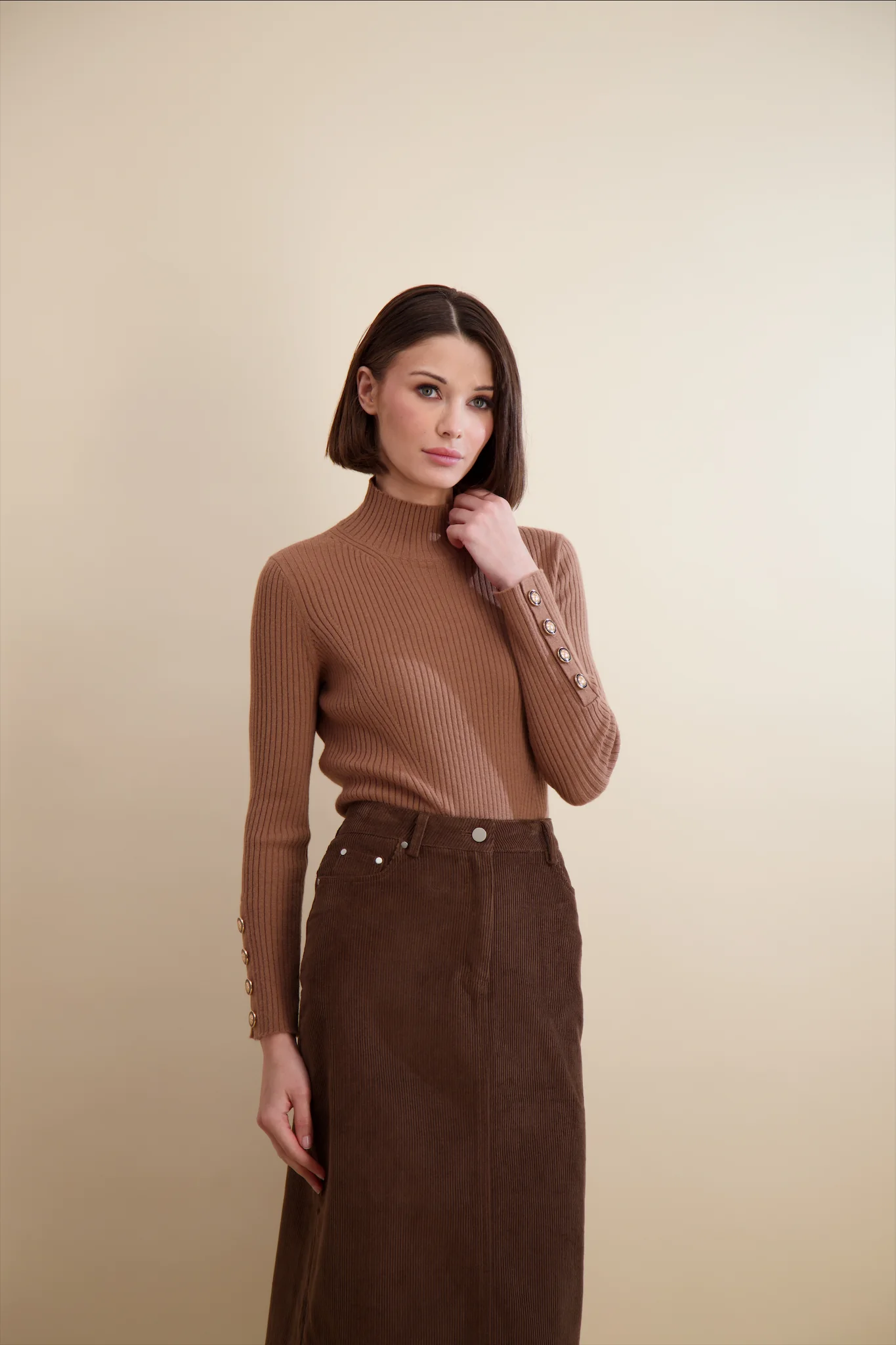 Pashmina Rib Knit Mock Neck Tan - Image 4