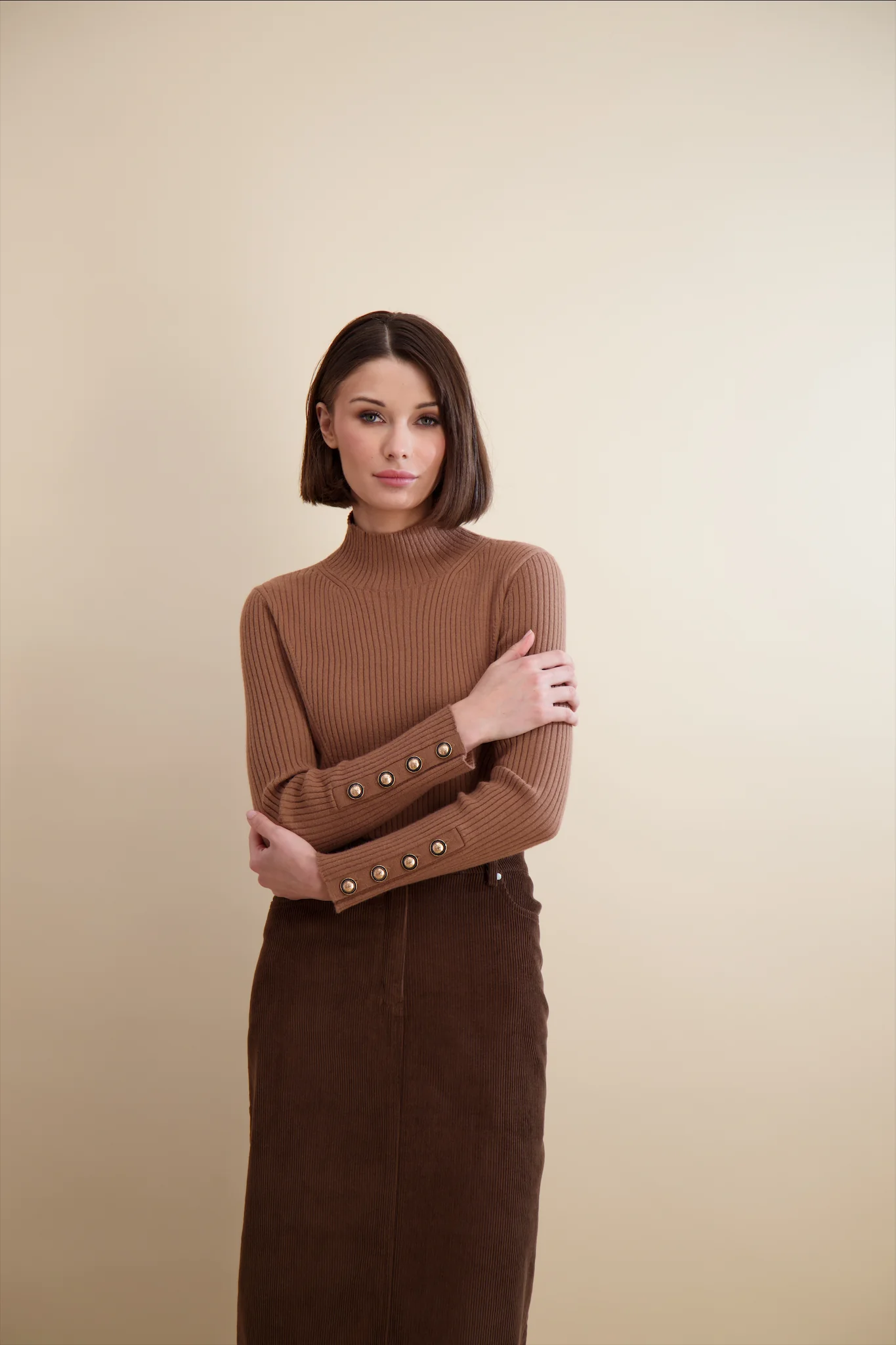 Pashmina Rib Knit Mock Neck Tan - Image 5