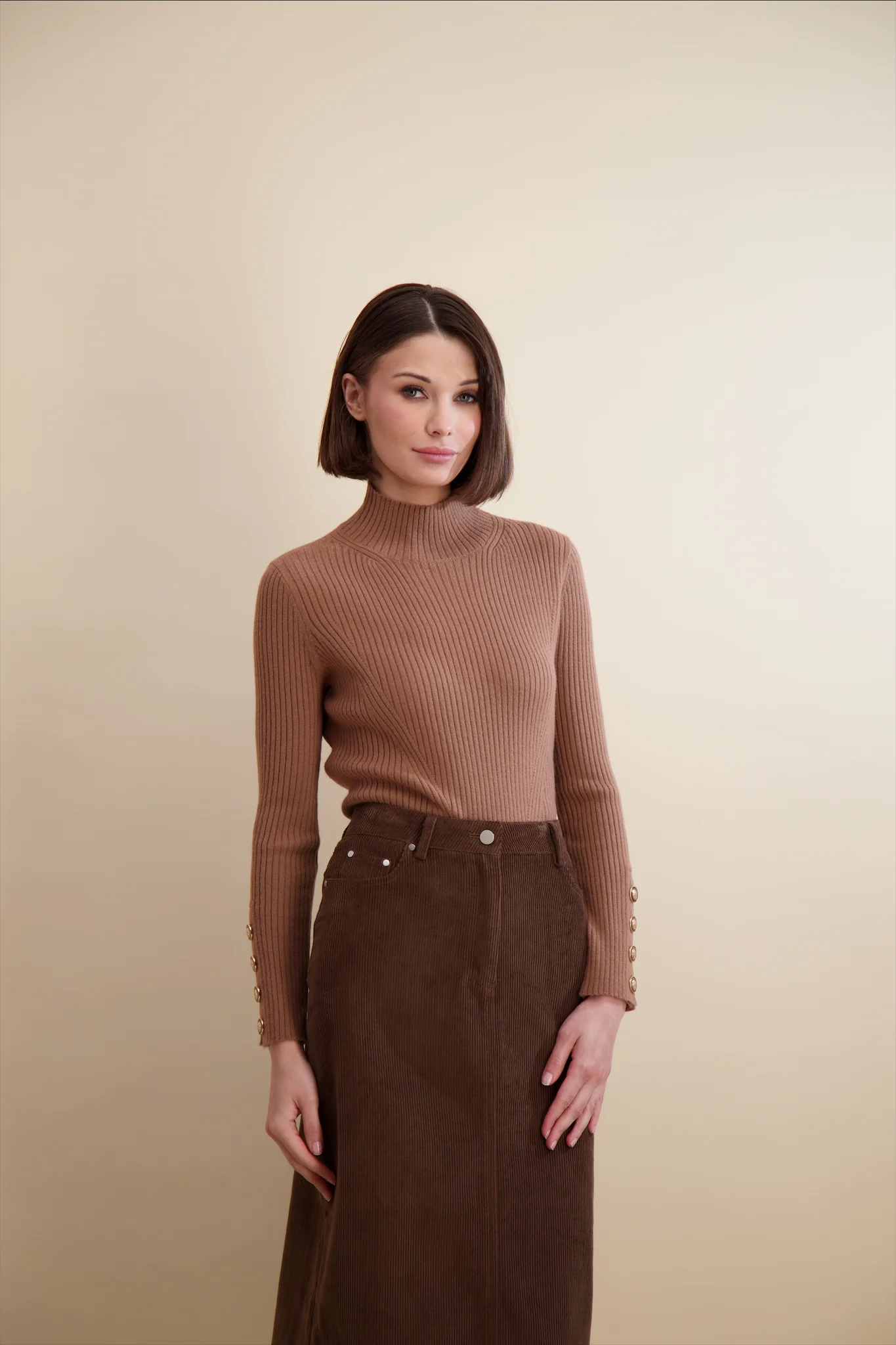 Pashmina Rib Knit Mock Neck Tan - Image 6