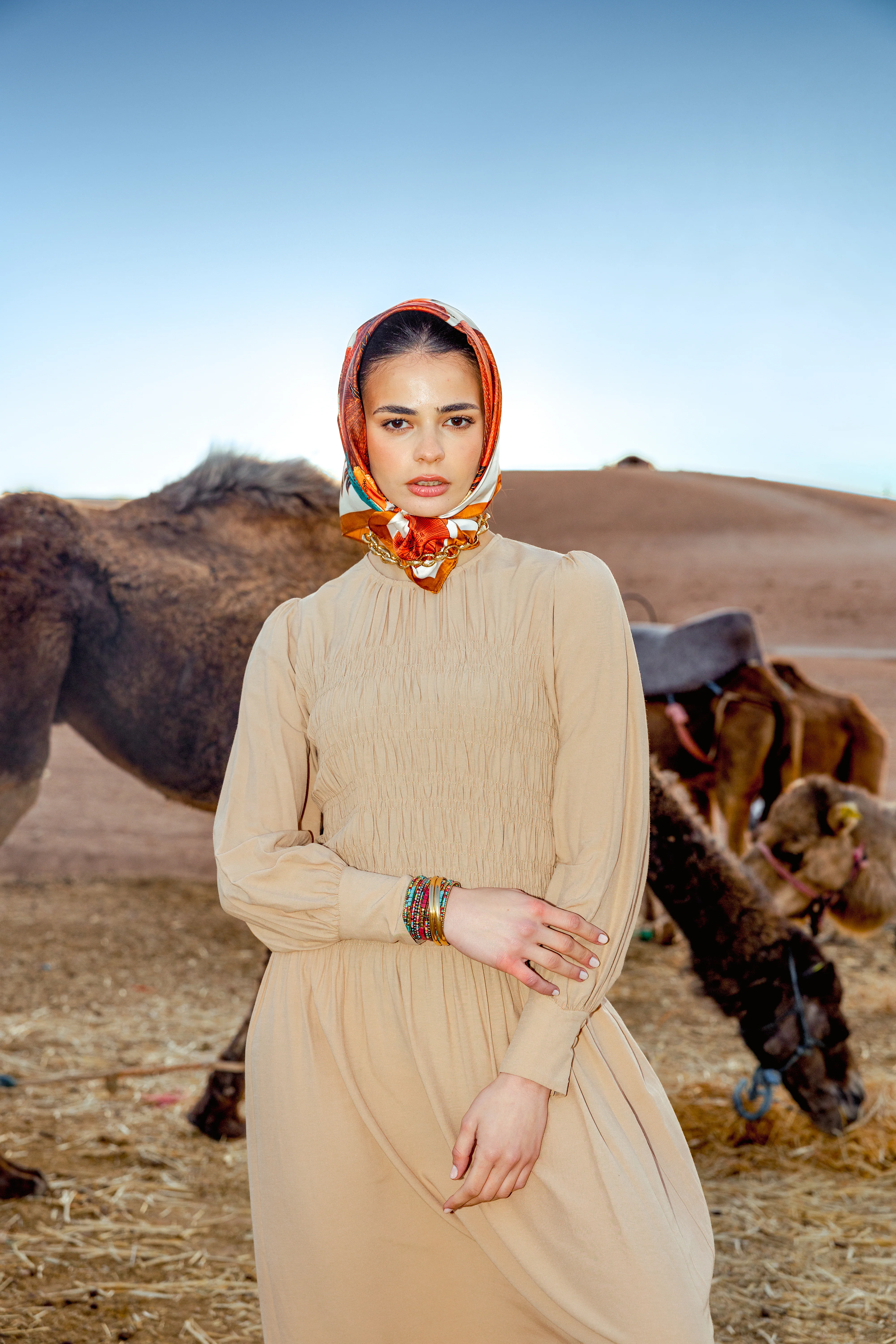 Pashmina Smocked Maxi Tan - Image 3