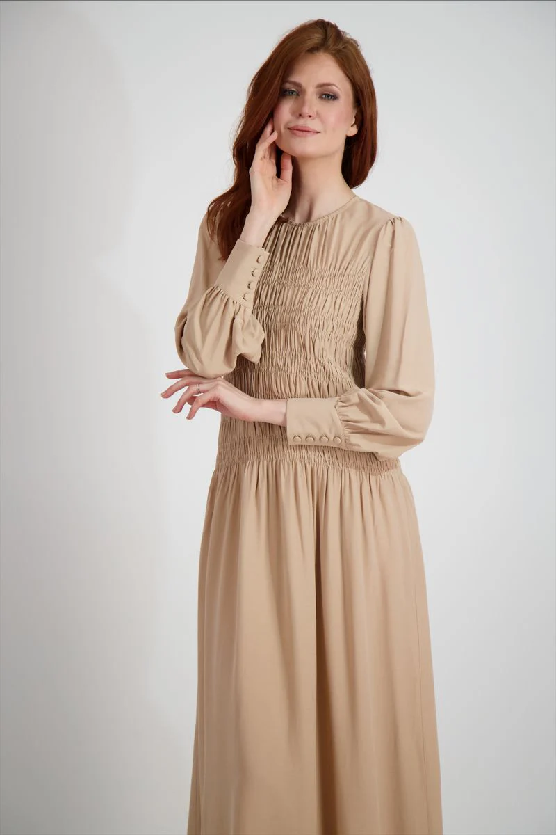 Pashmina Smocked Maxi Tan - Image 4
