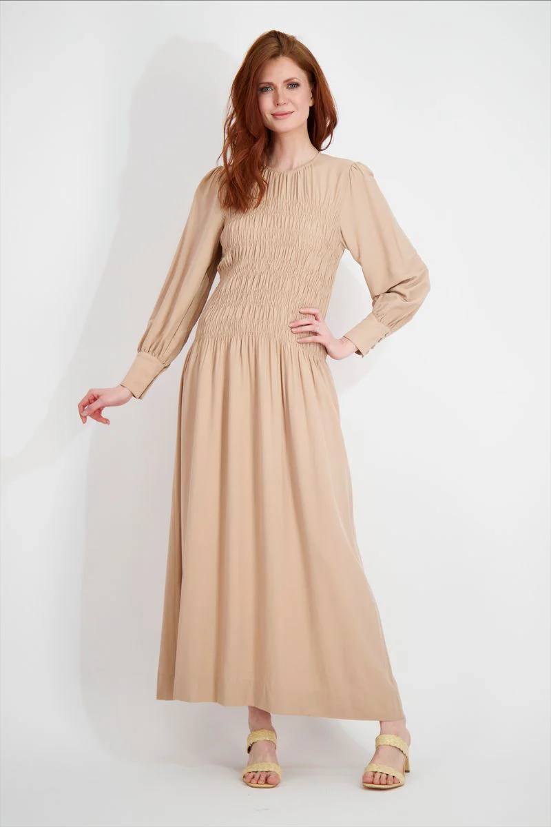 Pashmina Smocked Maxi Tan - Image 5